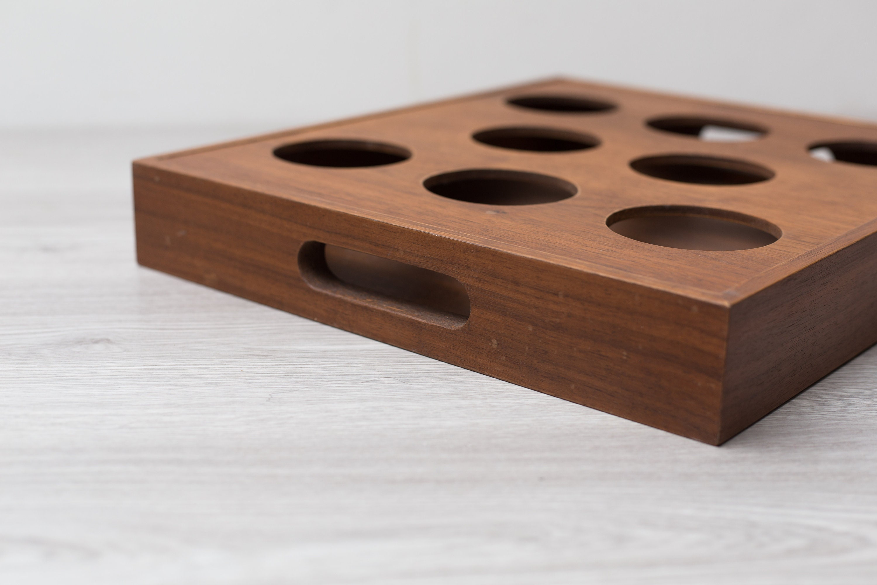 Wood Divided Cup Holder with Handles 8cup Retro Teak Bar Cocktail