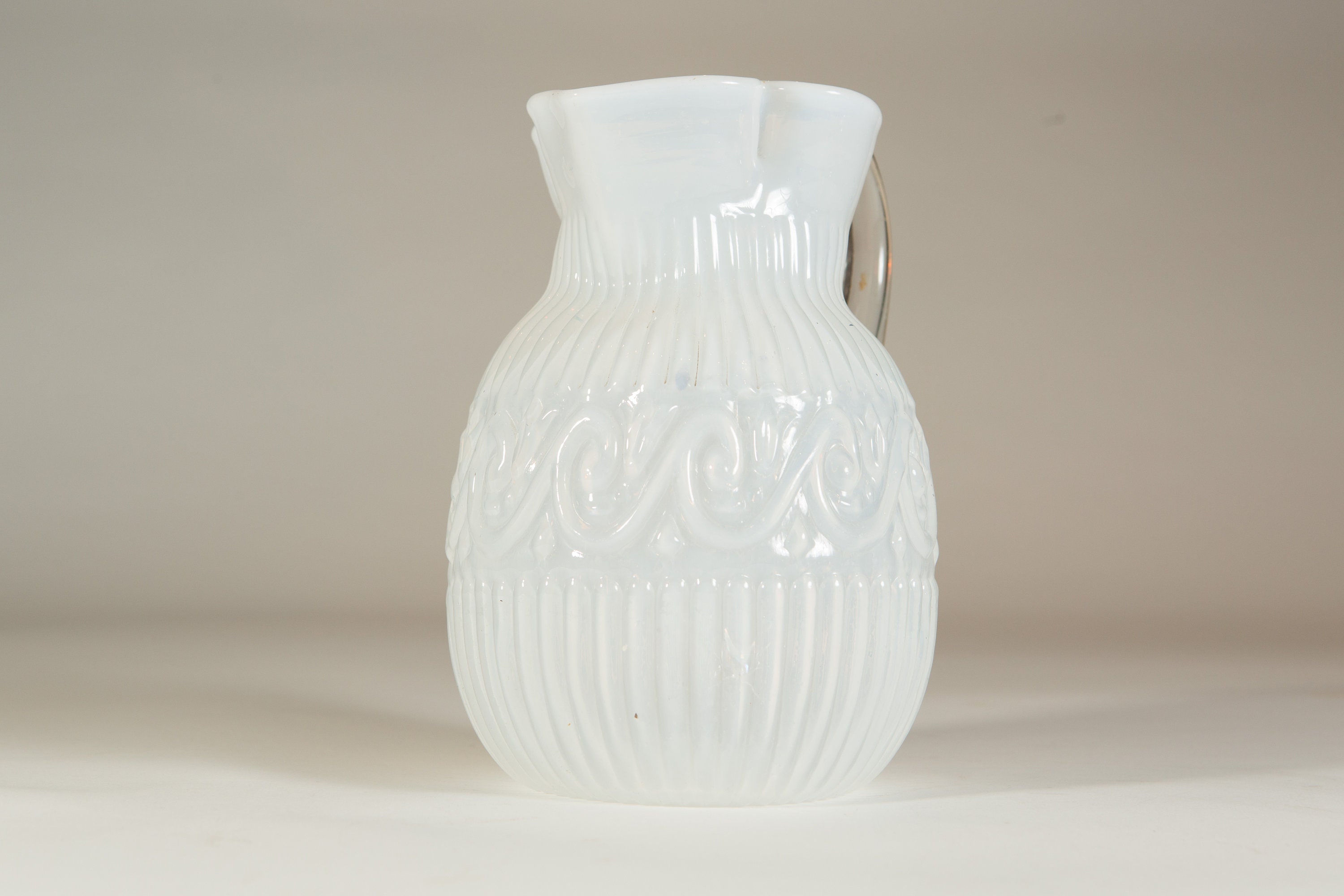 Antique White Glass Pitcher Late 1800's Pleated Opalescent Cocktail