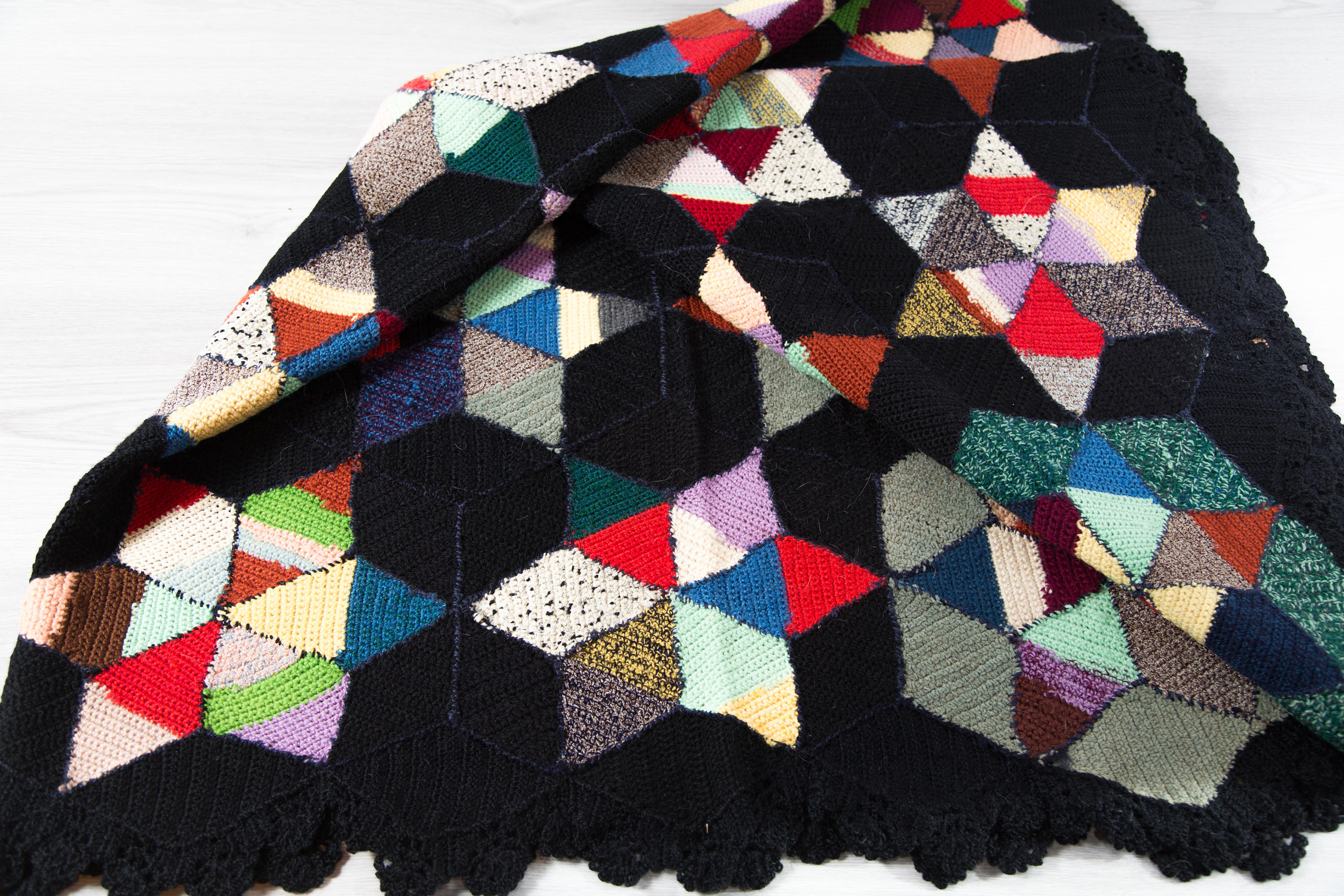 Vintage Handsewn Blanket / Large Quilted Geometric Starburst Diamond