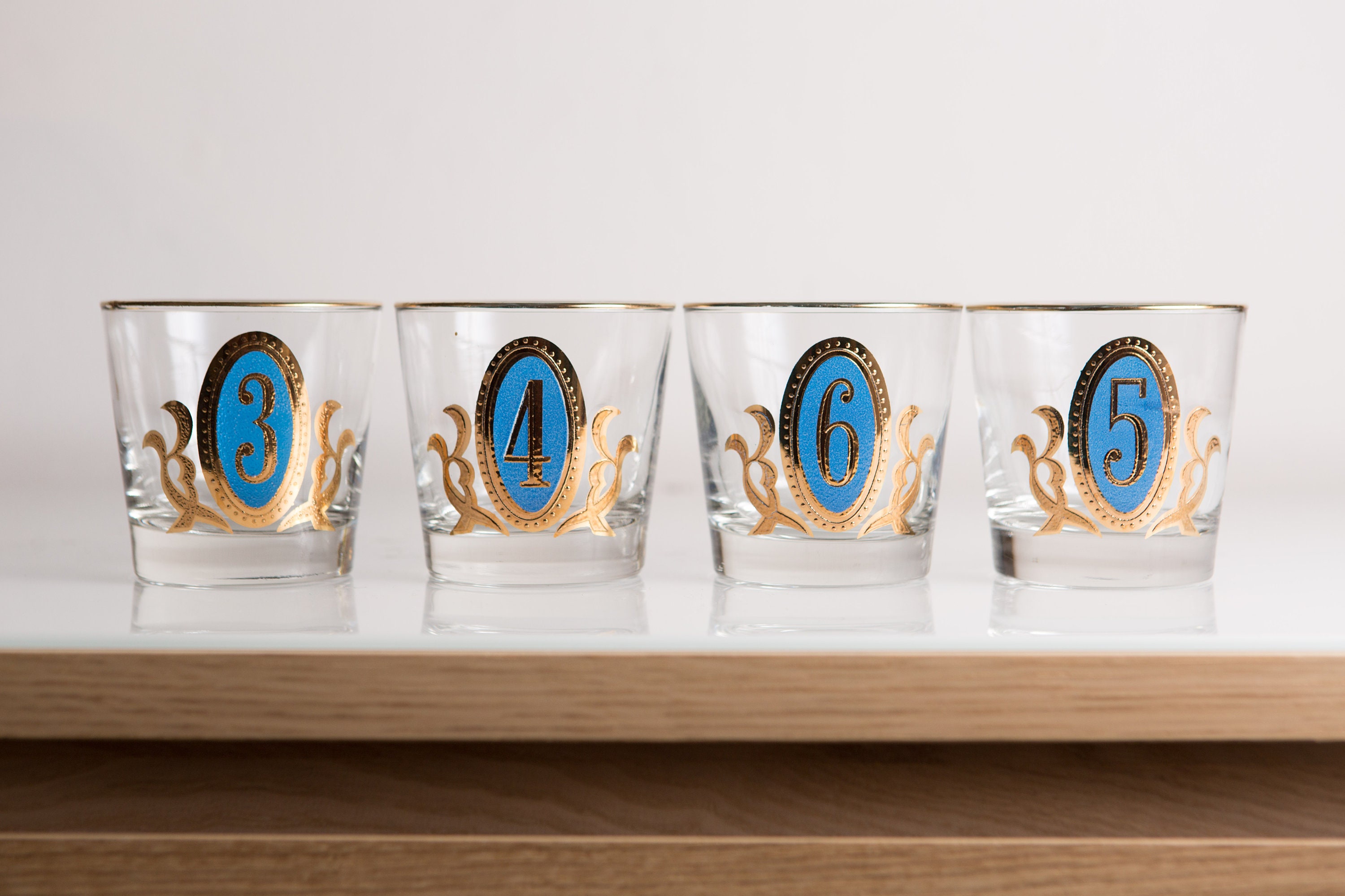 Gold Numbered Tumblers 8oz Vintage Lowball Drinking Glasses Retro