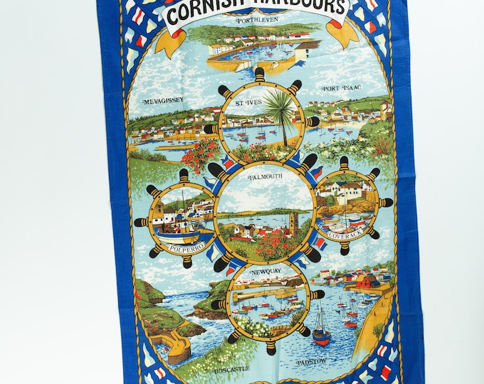 Vintage Cornish Harbours Tea Towel - Cotton Souvenir Cloth - England Souvenir - Port Isaac, St Ives, Polperro, Newquay, Coverack, Padstow,