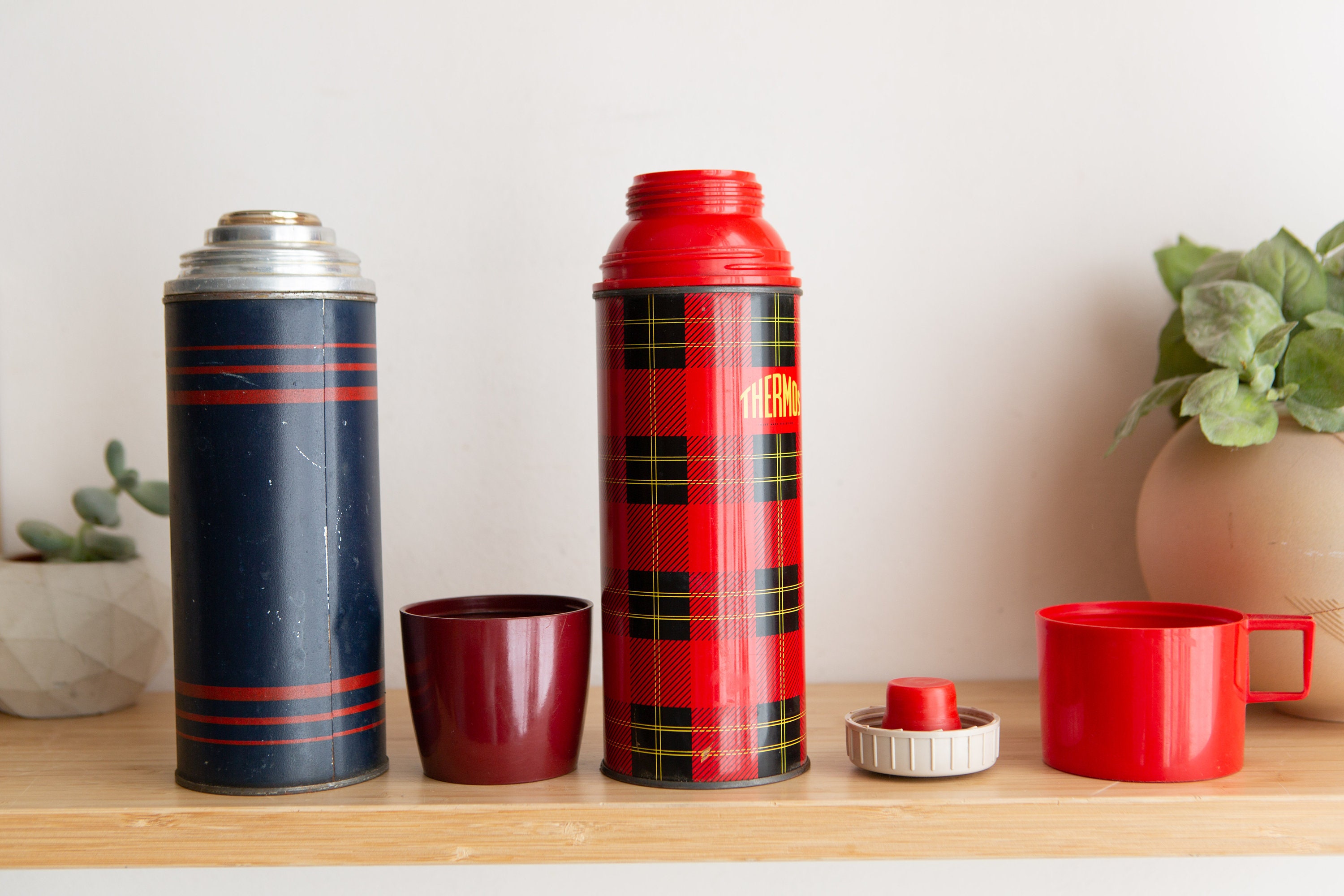 2 Vintage Thermoses 1960's Glass Lined Thermos Red Plaid Made in