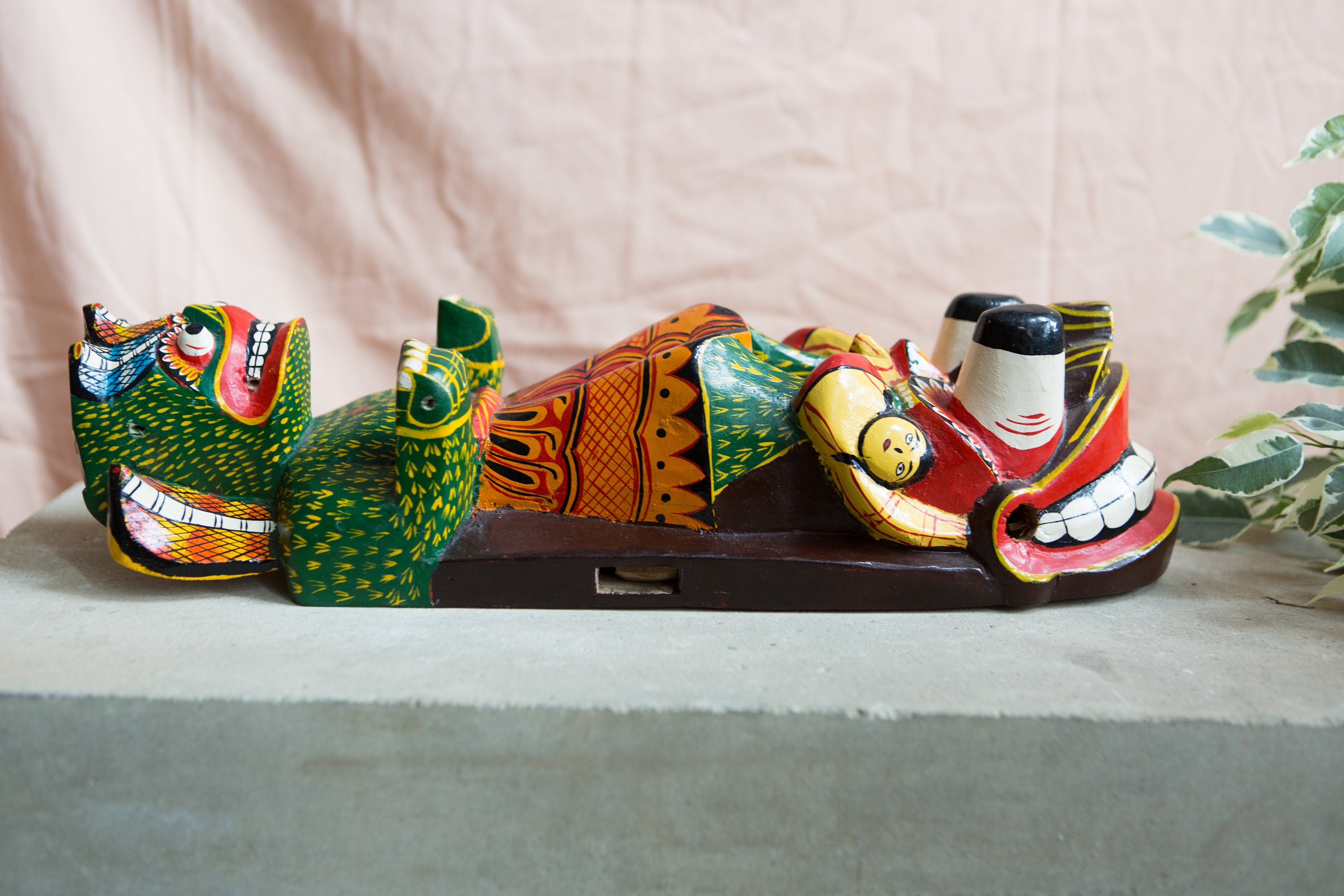 Wood Totem Wall Hanging Handcarved and Painted Sri Lankan Cobra Mask Sculpture Red and Green