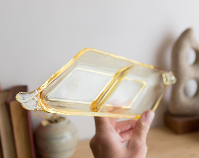Vintage Glass Tray - Light Amber / Honey Colored Divided Glass Snack Bowl - Depression Glass
