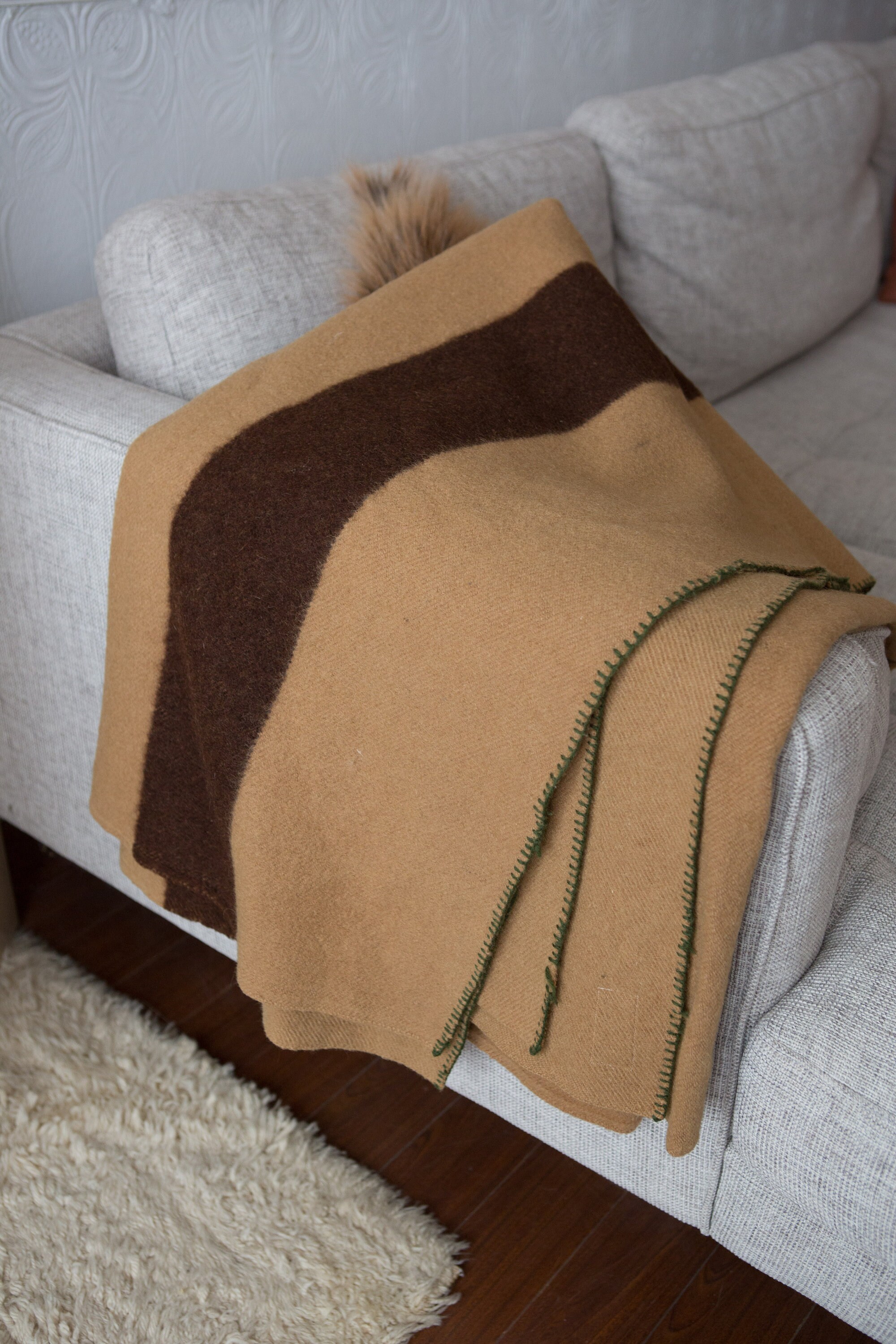 Bird Wollen Mill Blanket - Vintage Striped Blanket - Brown Wool Point