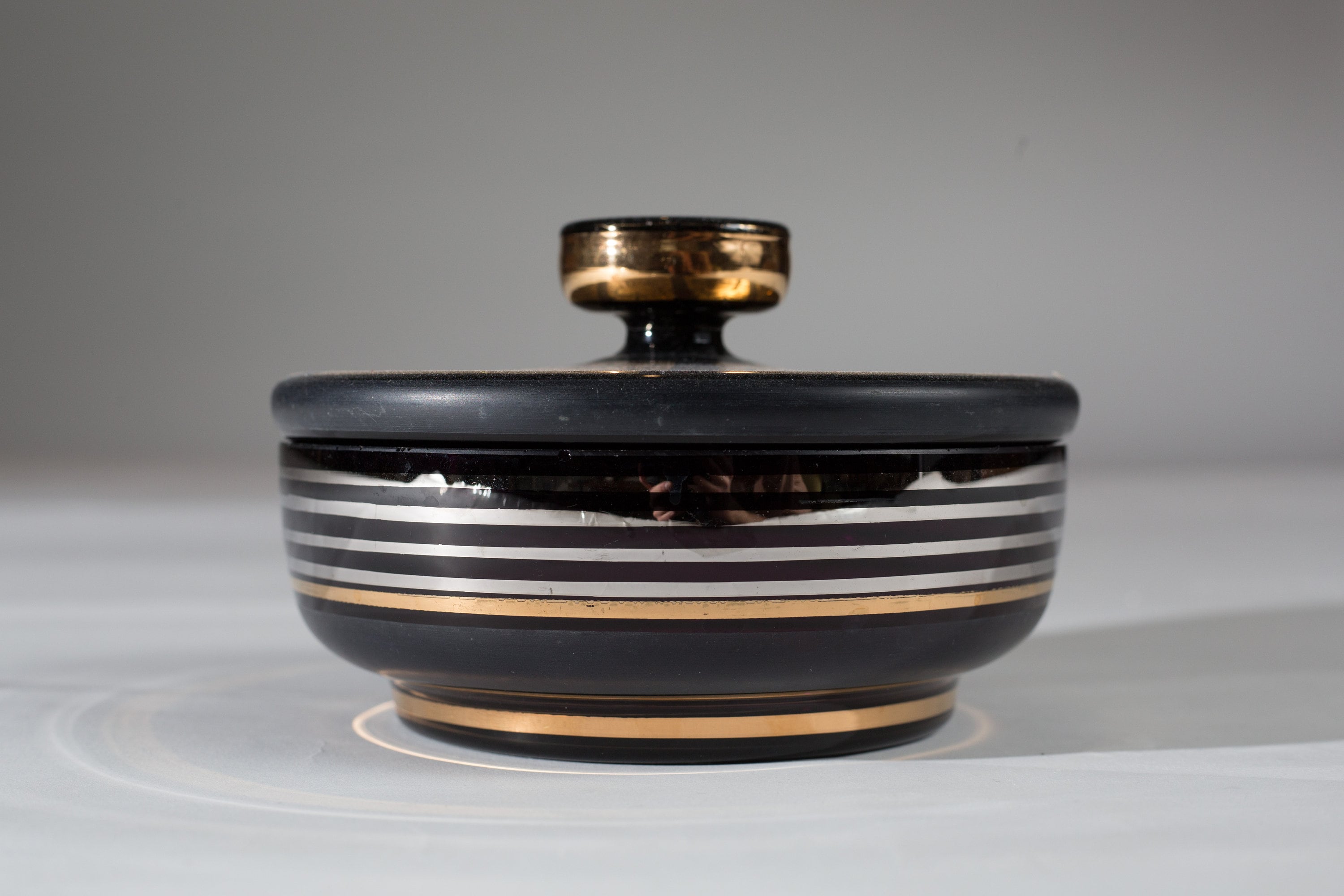 Vintage Glass Candy Dish Black Glass with Gold Hearts Lidded Circular