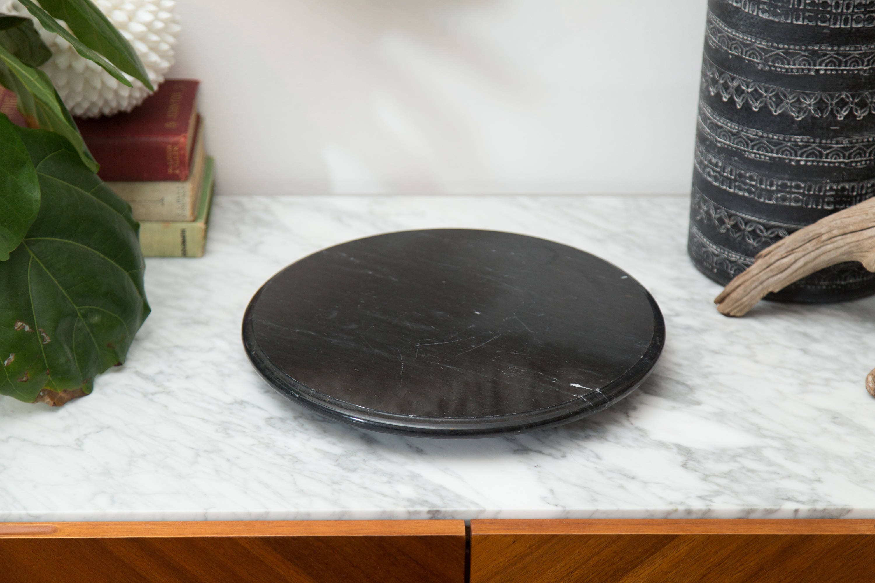 Black Marble Tray Vintage Dark Marbled Stone Round Serving Tray