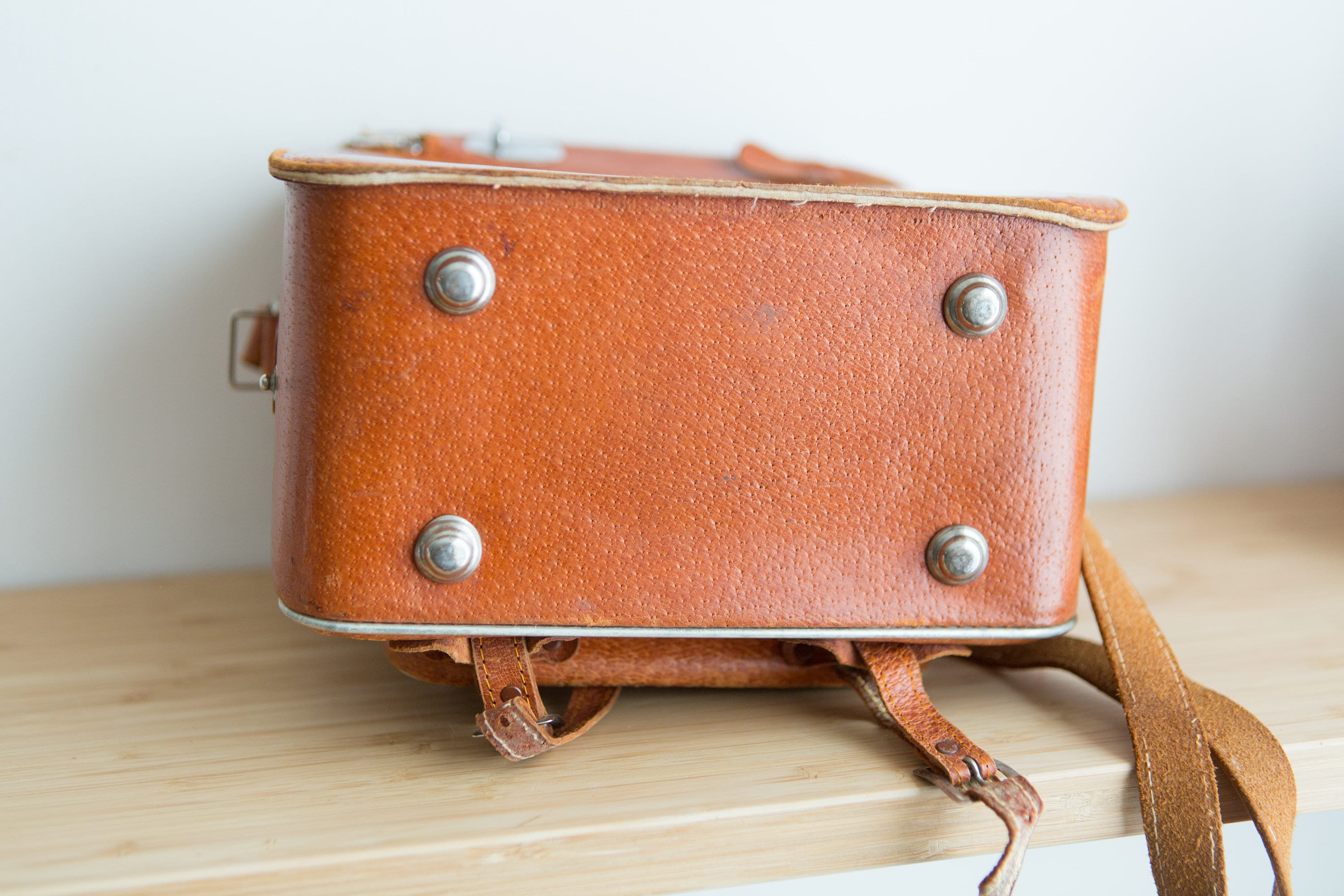 Vintage Leather Camera Bag - Tan Brown DSLR Carrying Case with Brass