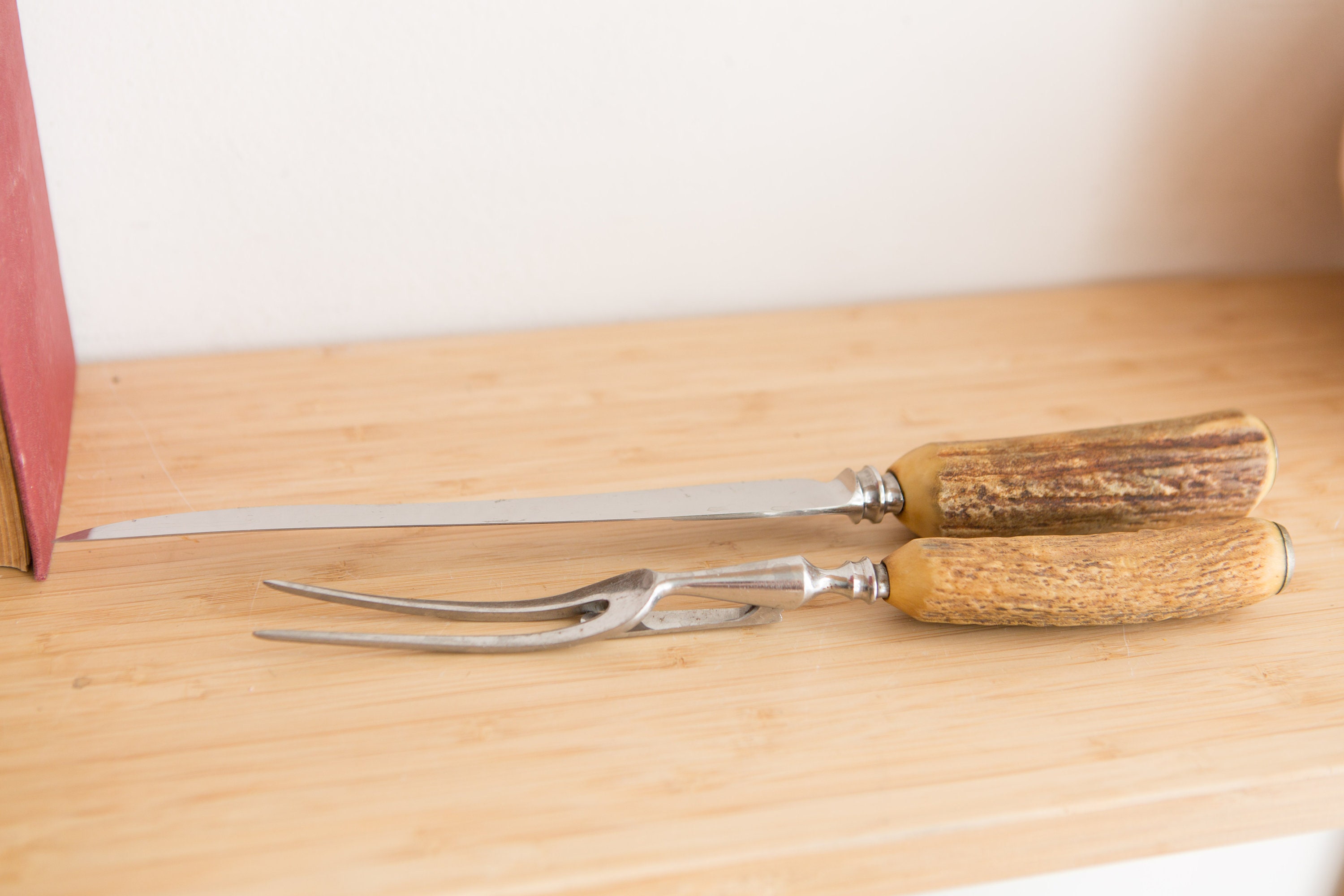 Vintage Knife and Fork Carving Set with Horn Handle Thomas Turner