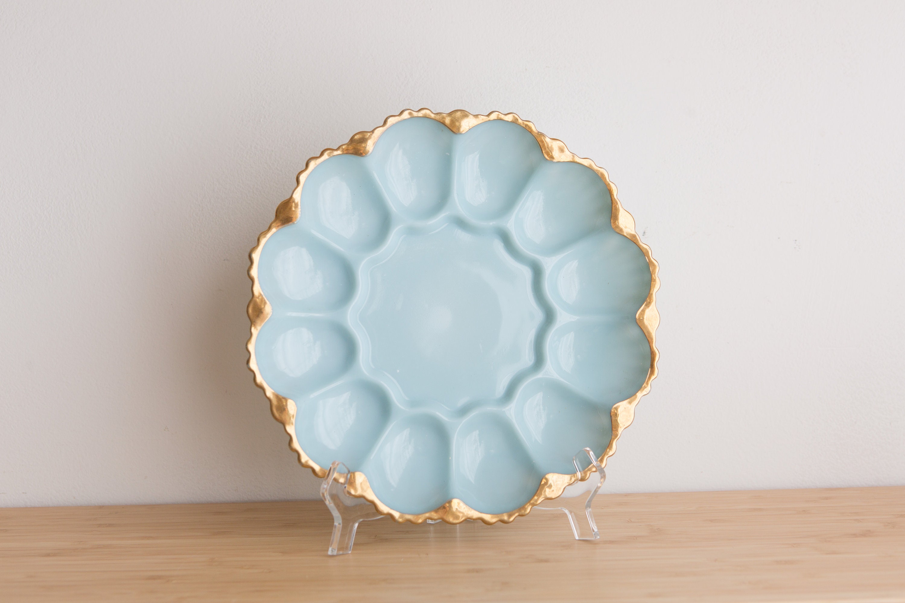 Vintage Deviled Egg Plate Blue Milk Glass Anchor Hocking Serving