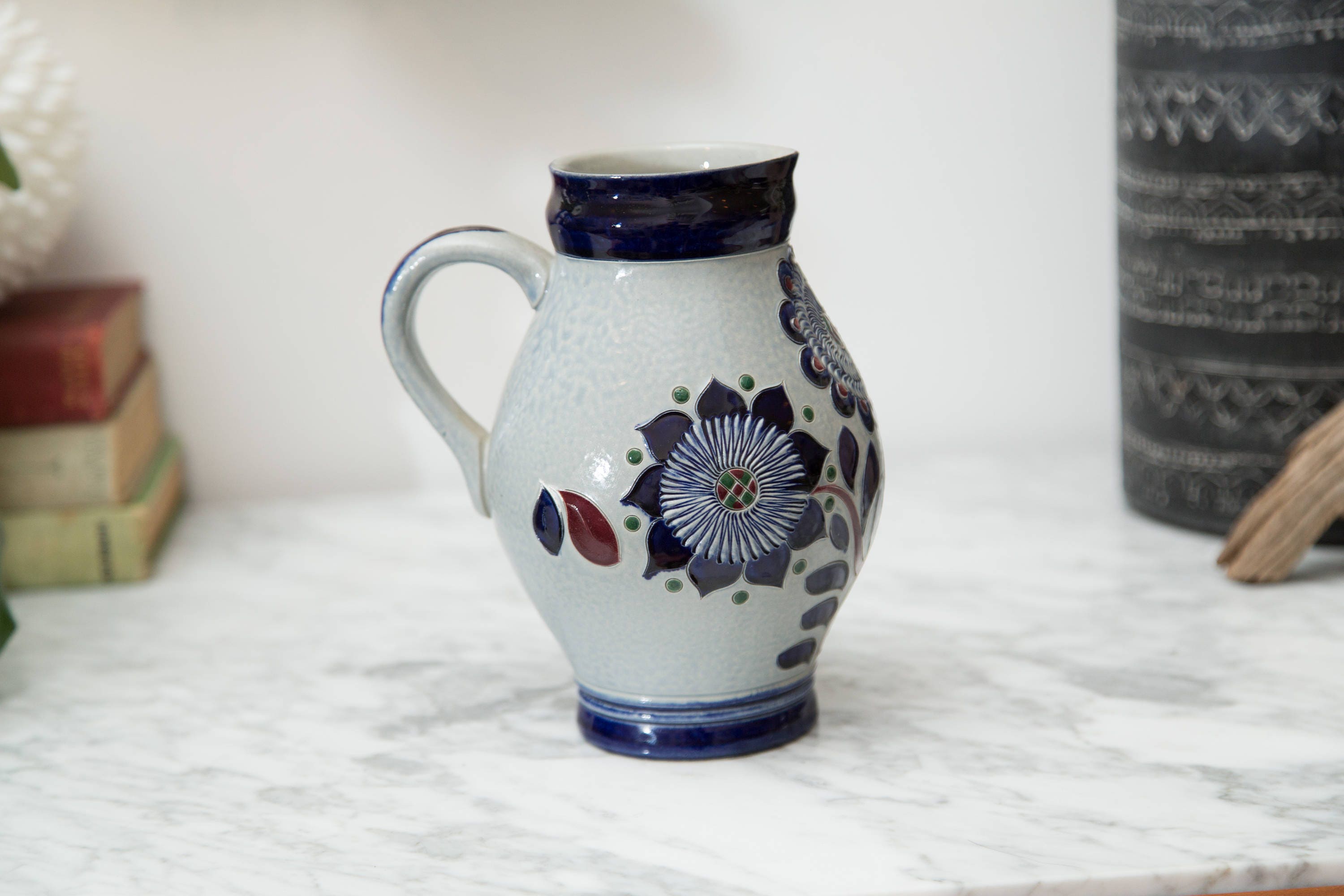 Vintage Ceramic Jug Vase Original King 1 Litre Blue and Grey