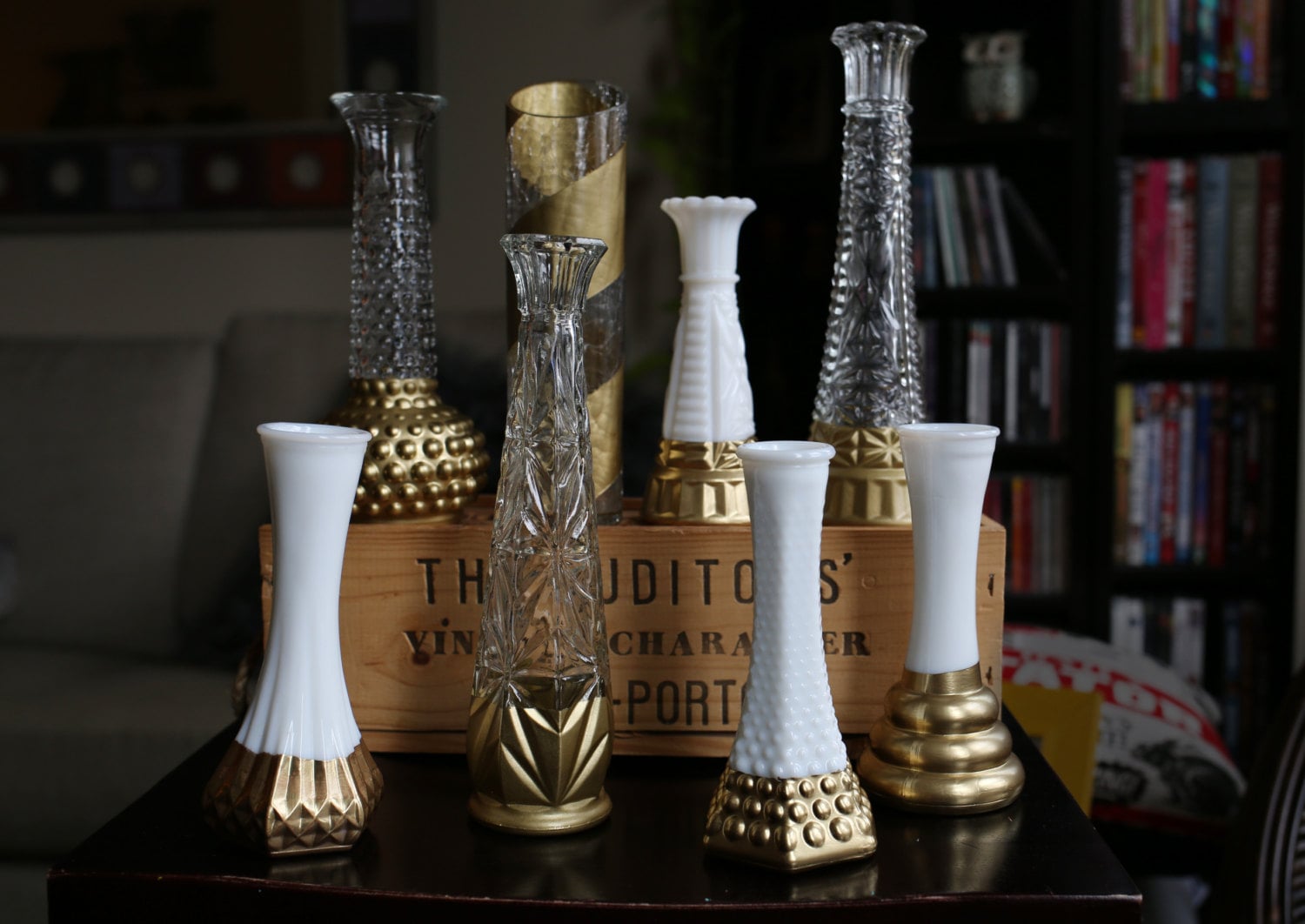 6 Centrepiece Vases Gold Dipped Vintage Geometric White Milk Glass Set of 6 mid century