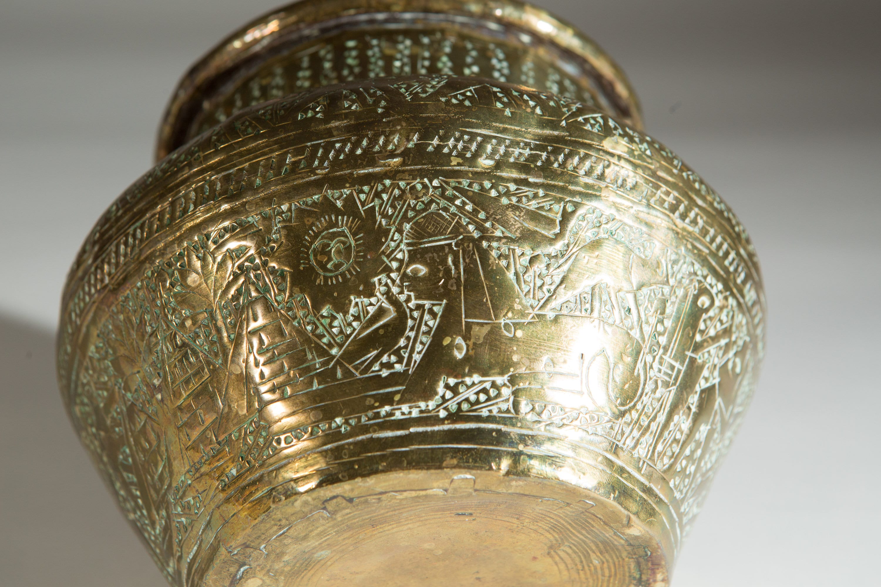 Egyptian Brass Planter Vintage Pot with Pyramids, Sphinx Round