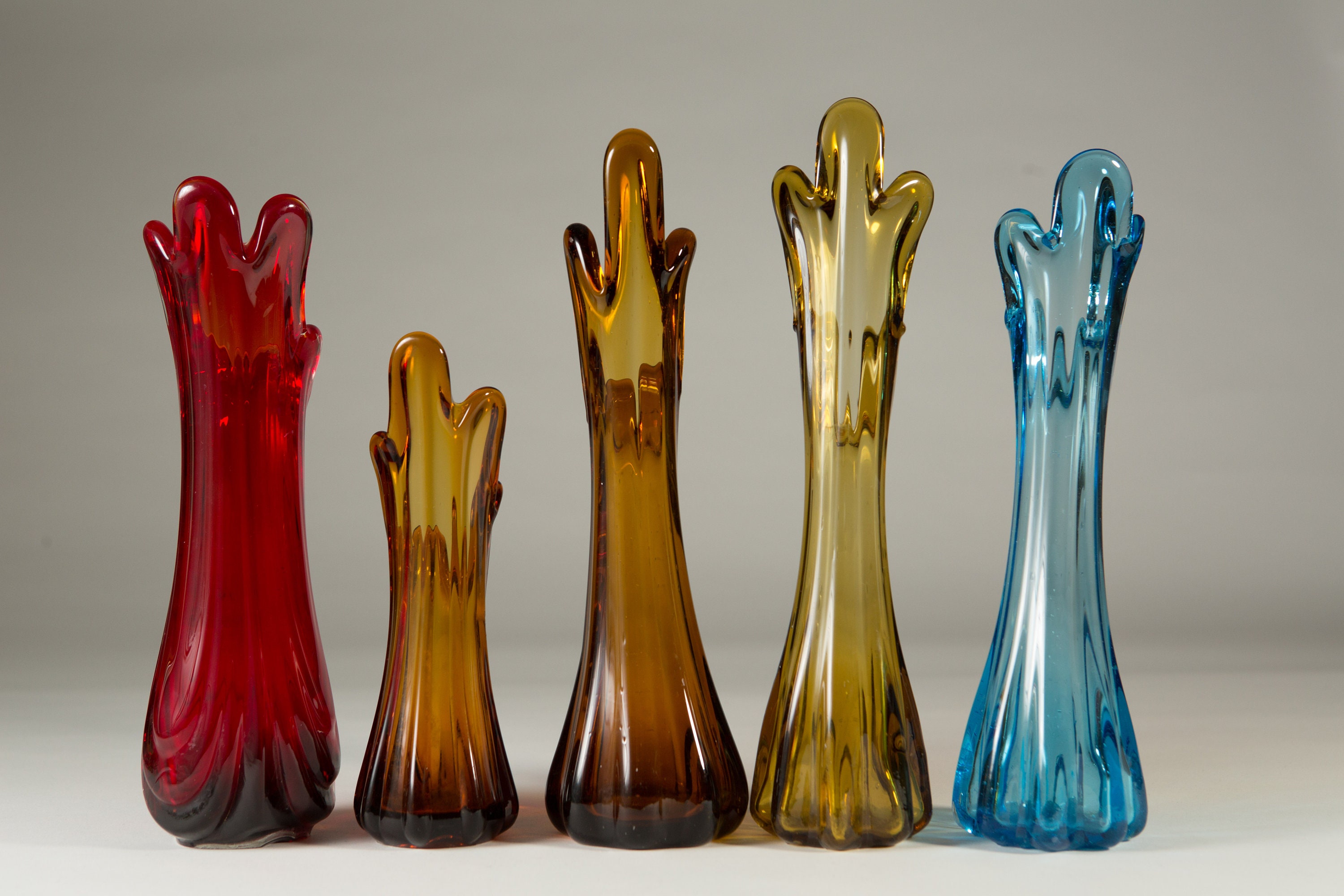 5 Stretch Swung Vases Vintage Fluted Petal Art Glass Vases Handblown Drip Style Bud Vase