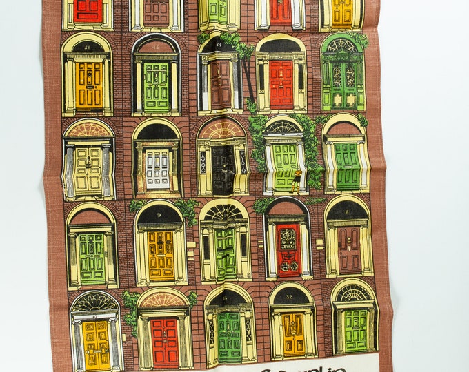 Vintage Dublin Tea Towel - Pure Irish Linen Souvenir Cloth - The Doors of Dublin Tourist Tea towel from Ireland