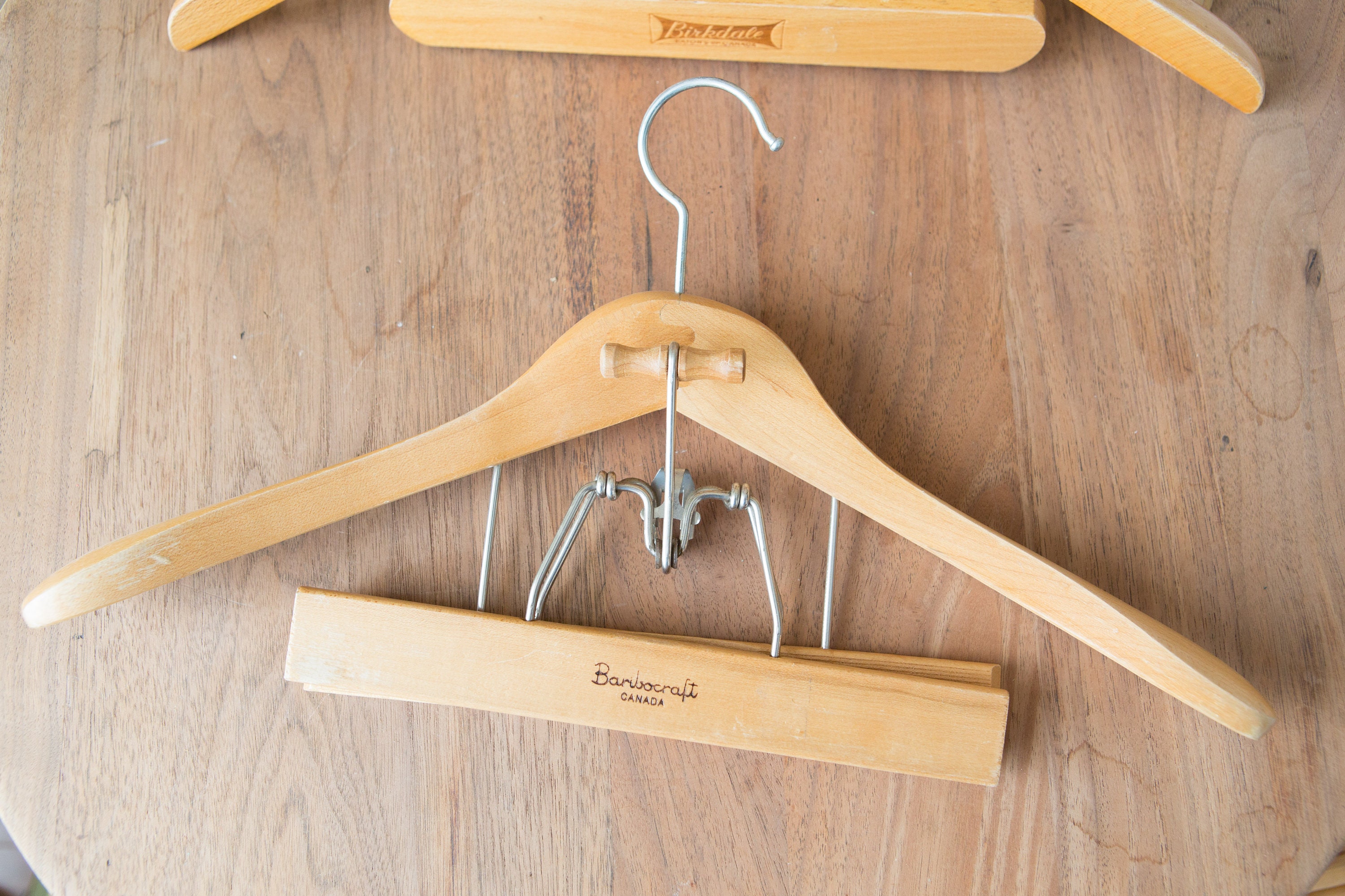 6 Wooden Fur Coat Hangers with Skirt or Pant Clip / Clamp Vintage Clothing Hangers from