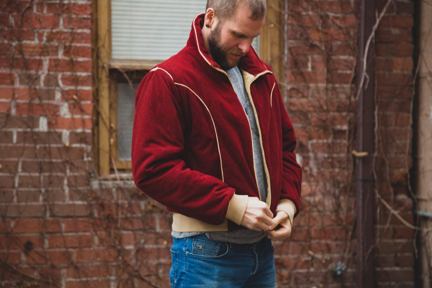 Vintage Men's / Women's / Wine Colored Burgundy Corduroy Jacket with Cream Detailing / Altra