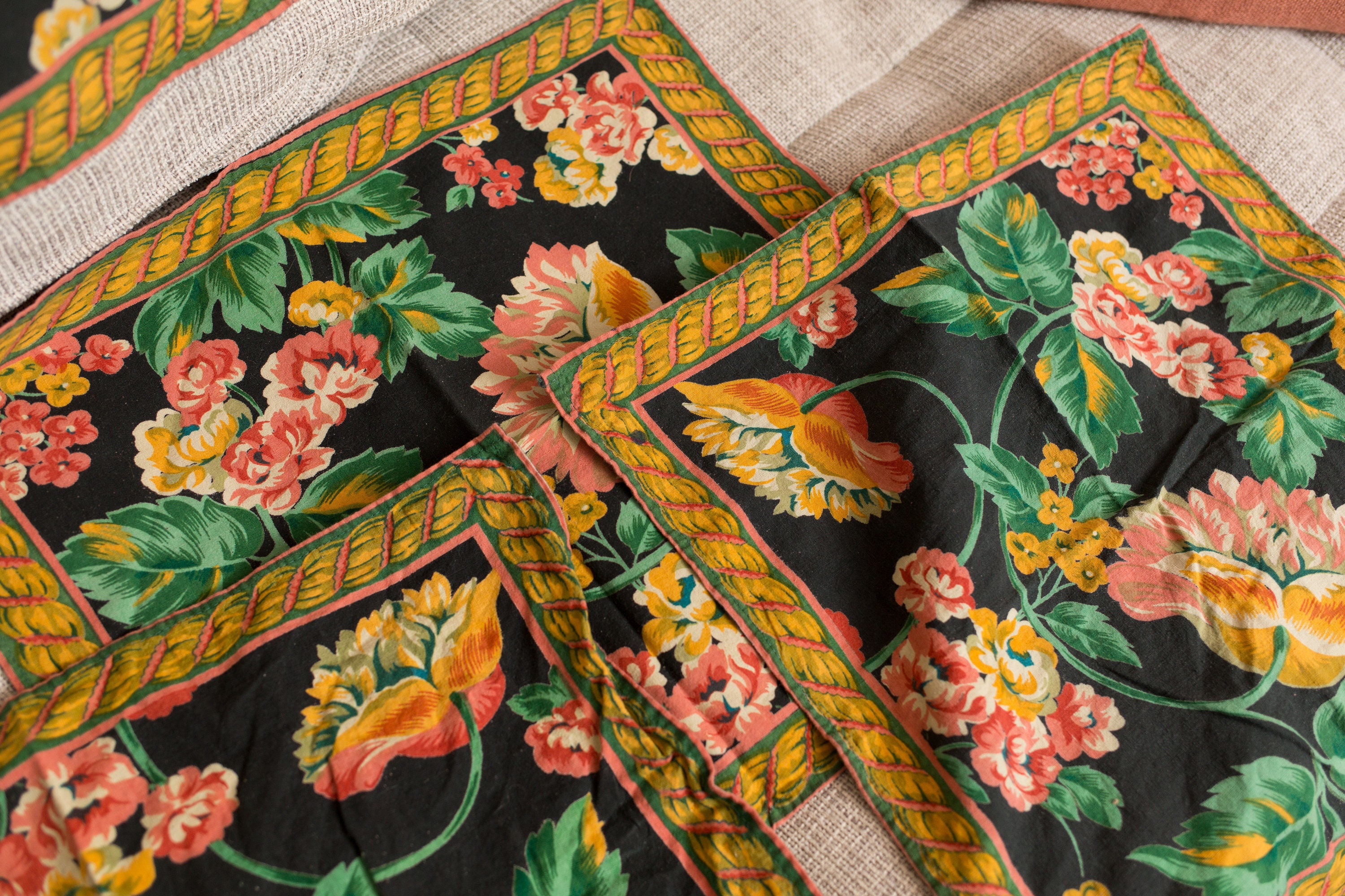 8 Vintage Fabric Napkins Vintage Black Floral Screen Printed Napkins