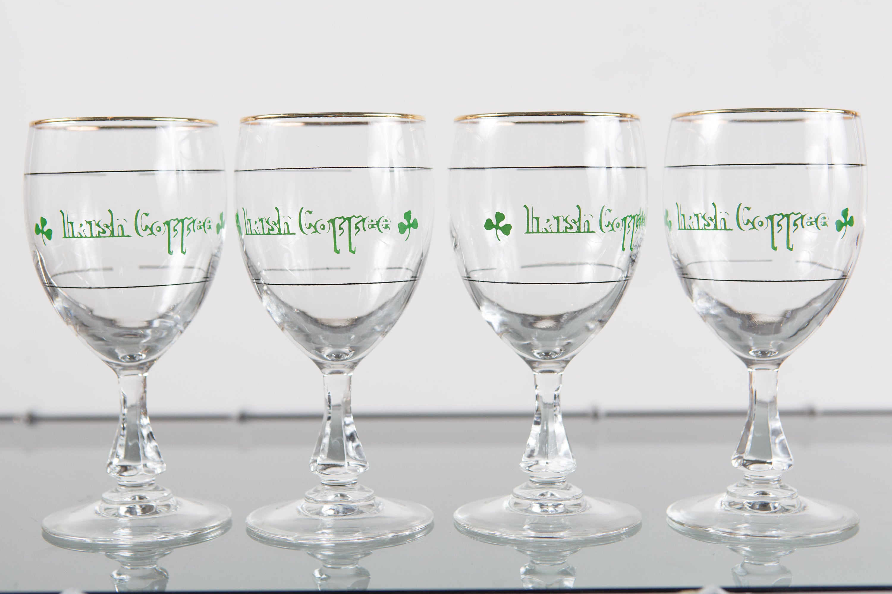 4 Irish Coffee Glasses Vintage Gold Rim Lucky Charm Specialty Coffee