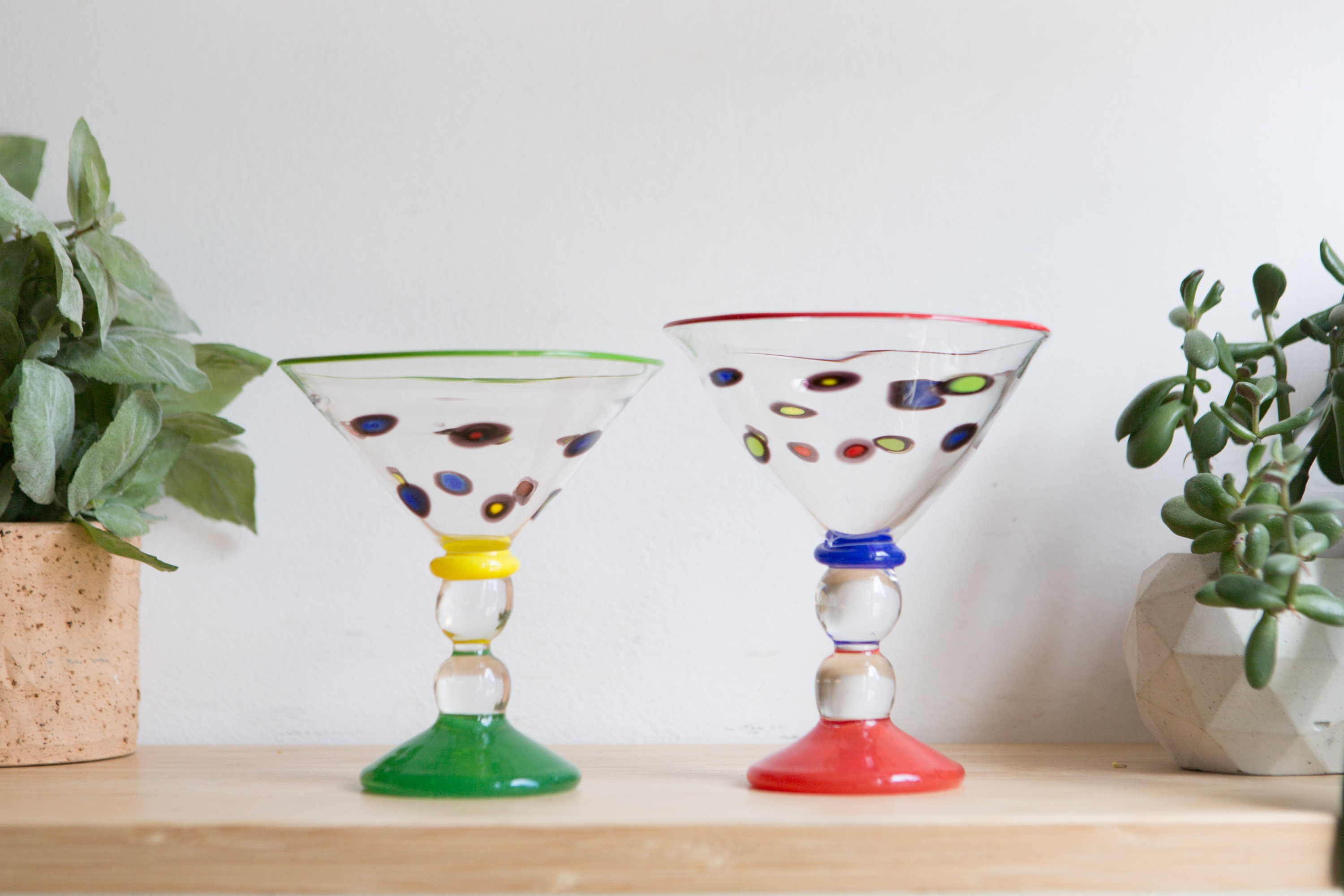 Vintage Martini Glasses 8oz Pair of Colourful Mexican Art Glass Style