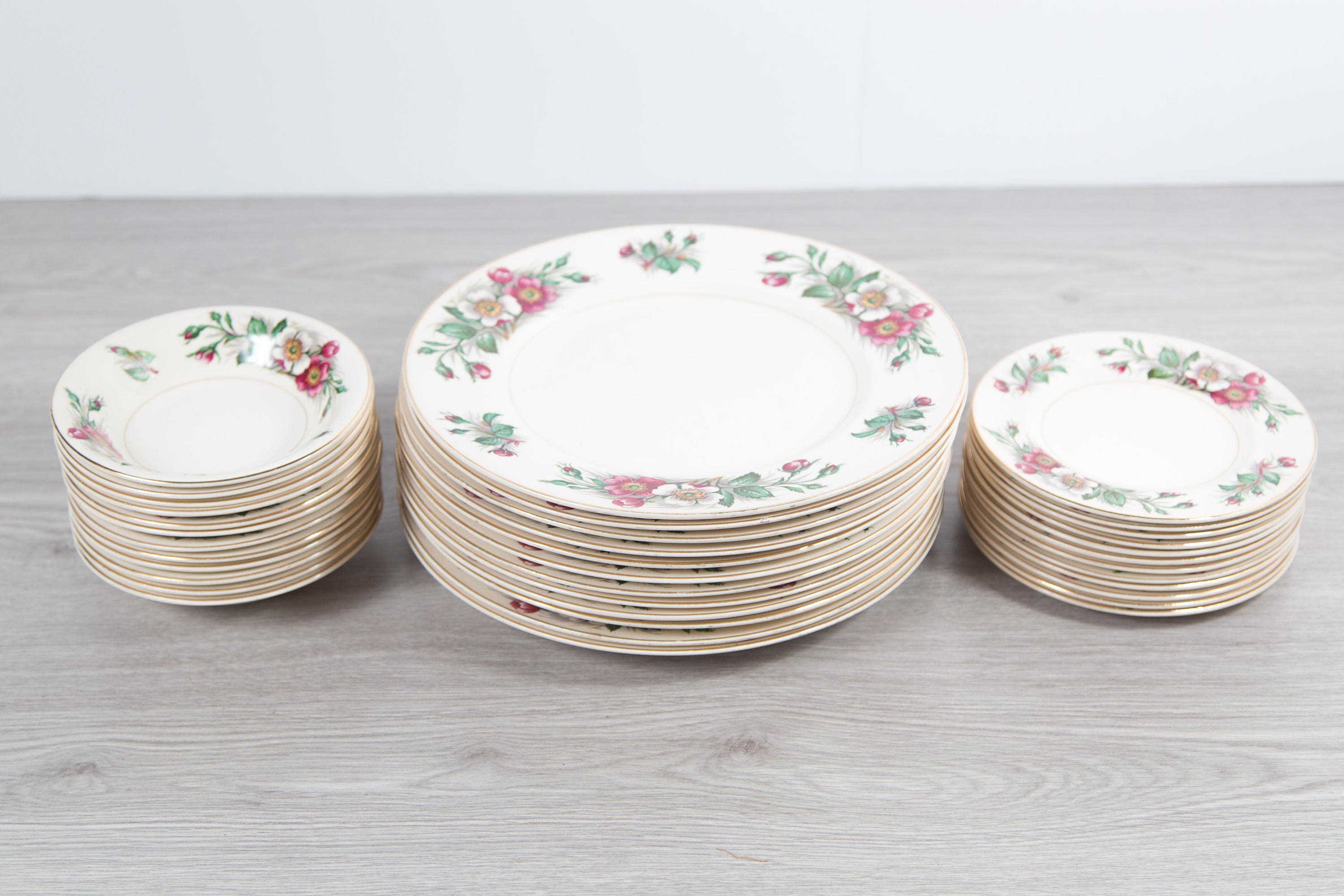 Vintage Floral Plates and Bowls Set Ornate Pink and White Flowers