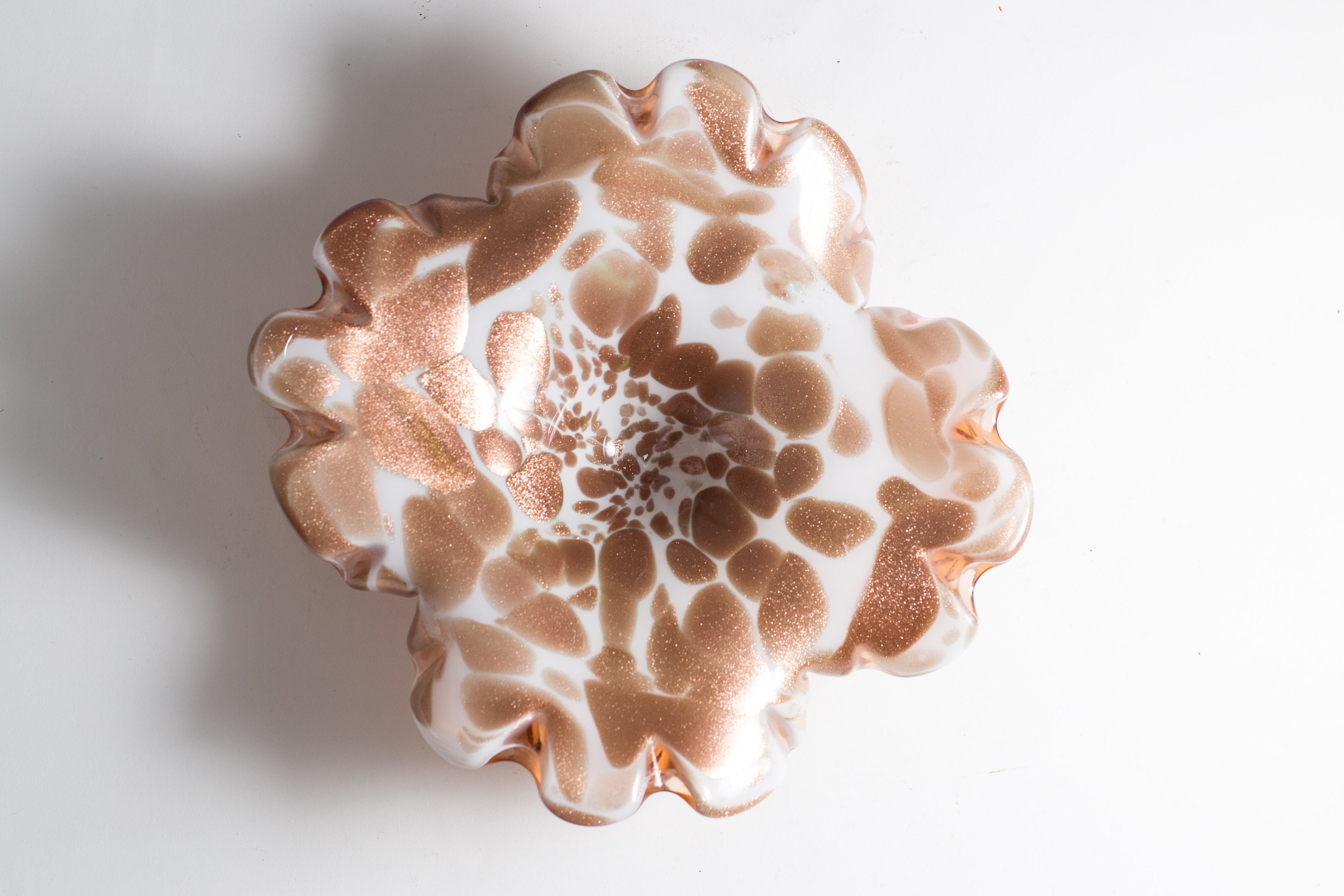 Copper Art Glass Dish Handblown Sparkly Copper and White Flower Style