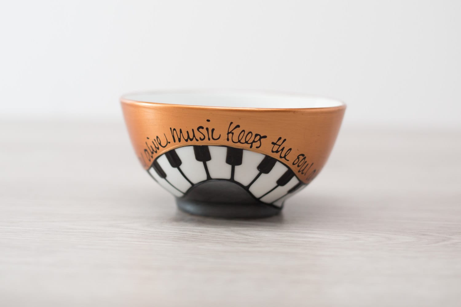 Hand Painted Piano Keys Bowl with Music keeps the soul alive / Copper, Black and White Music