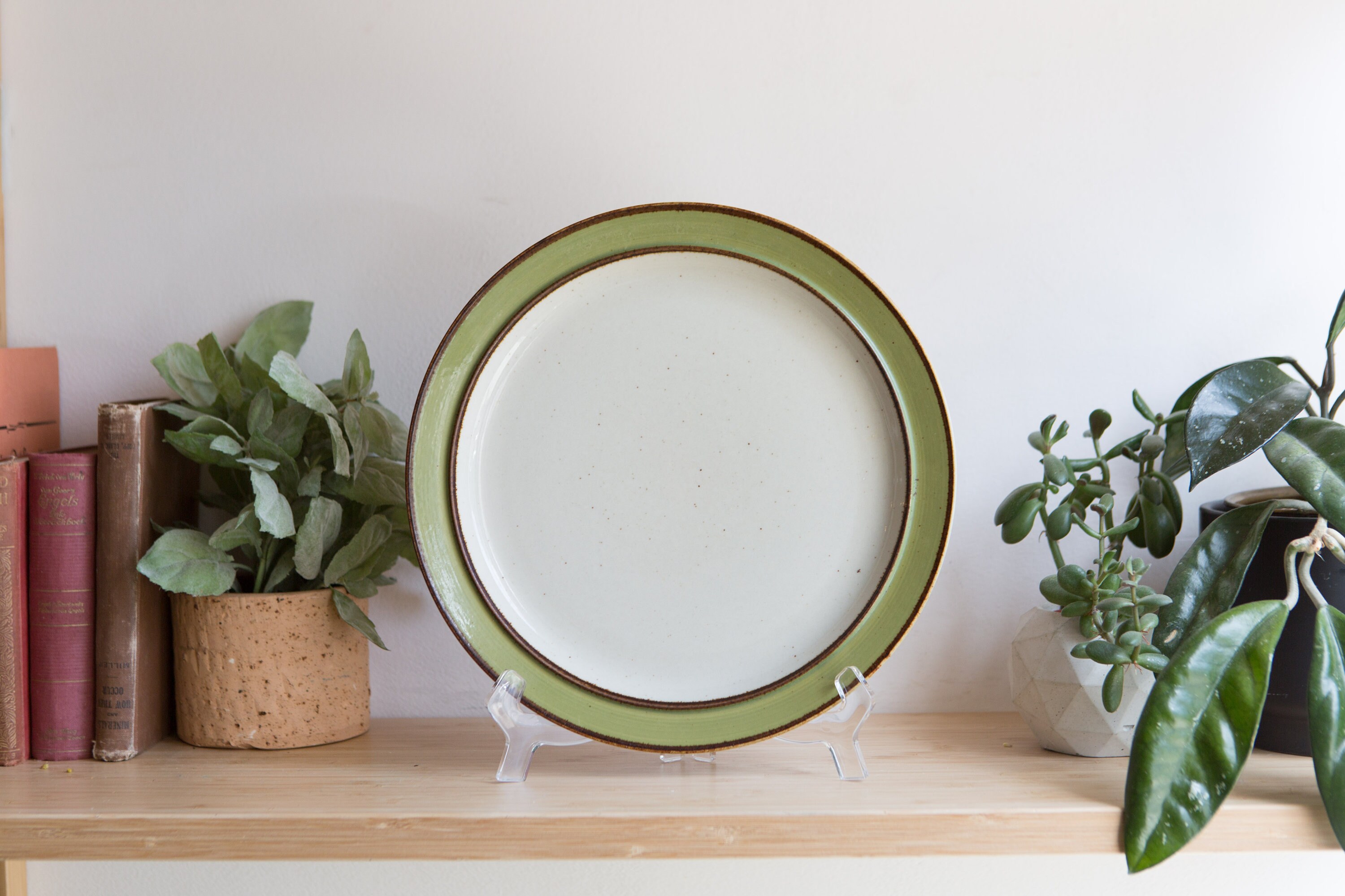 Vintage Dinner Plates / Pair of White and Green Rainbow Stoneware 656