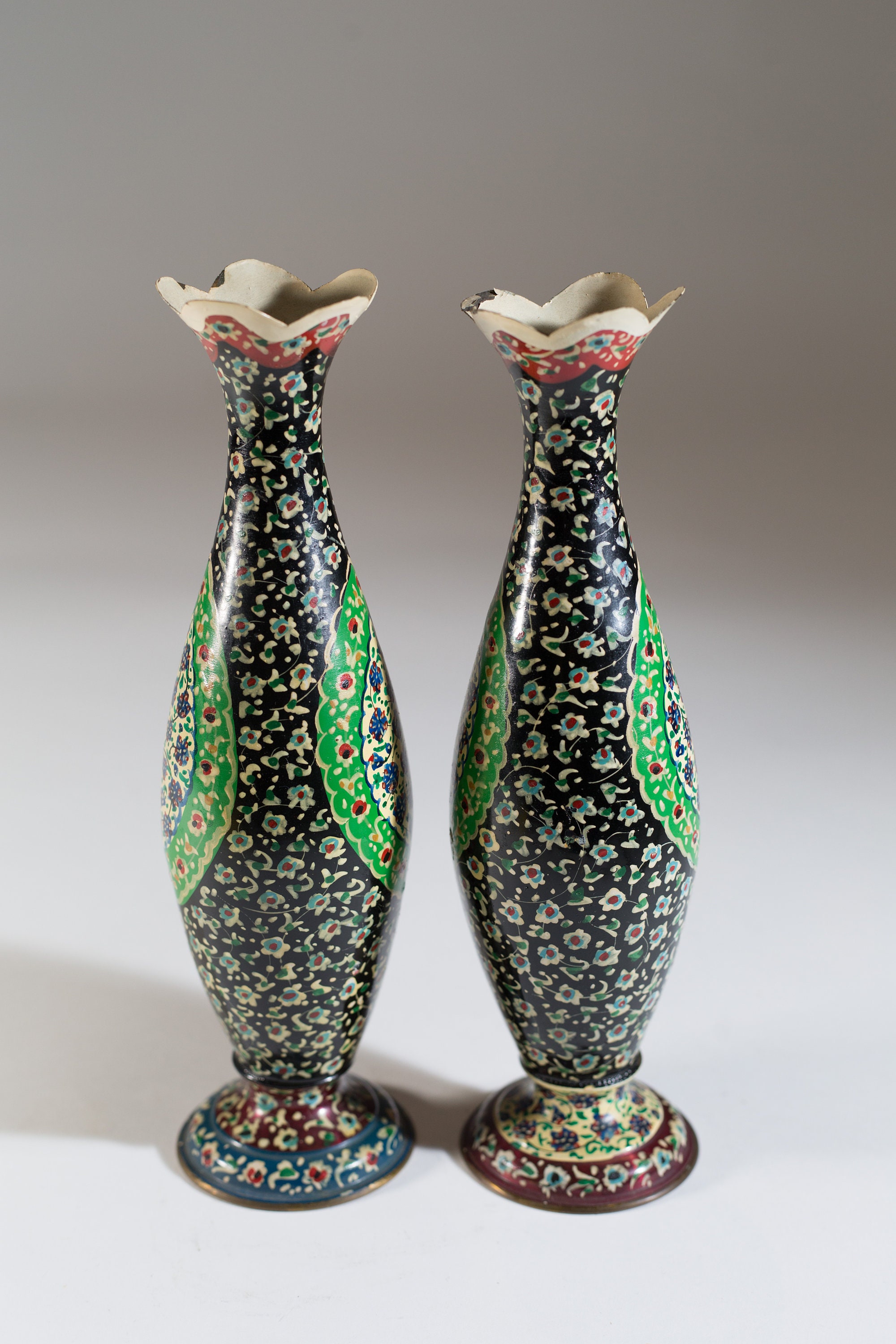 Vintage Painted Vases Thin Metal Trumpet Hand Decorated Flower Vase