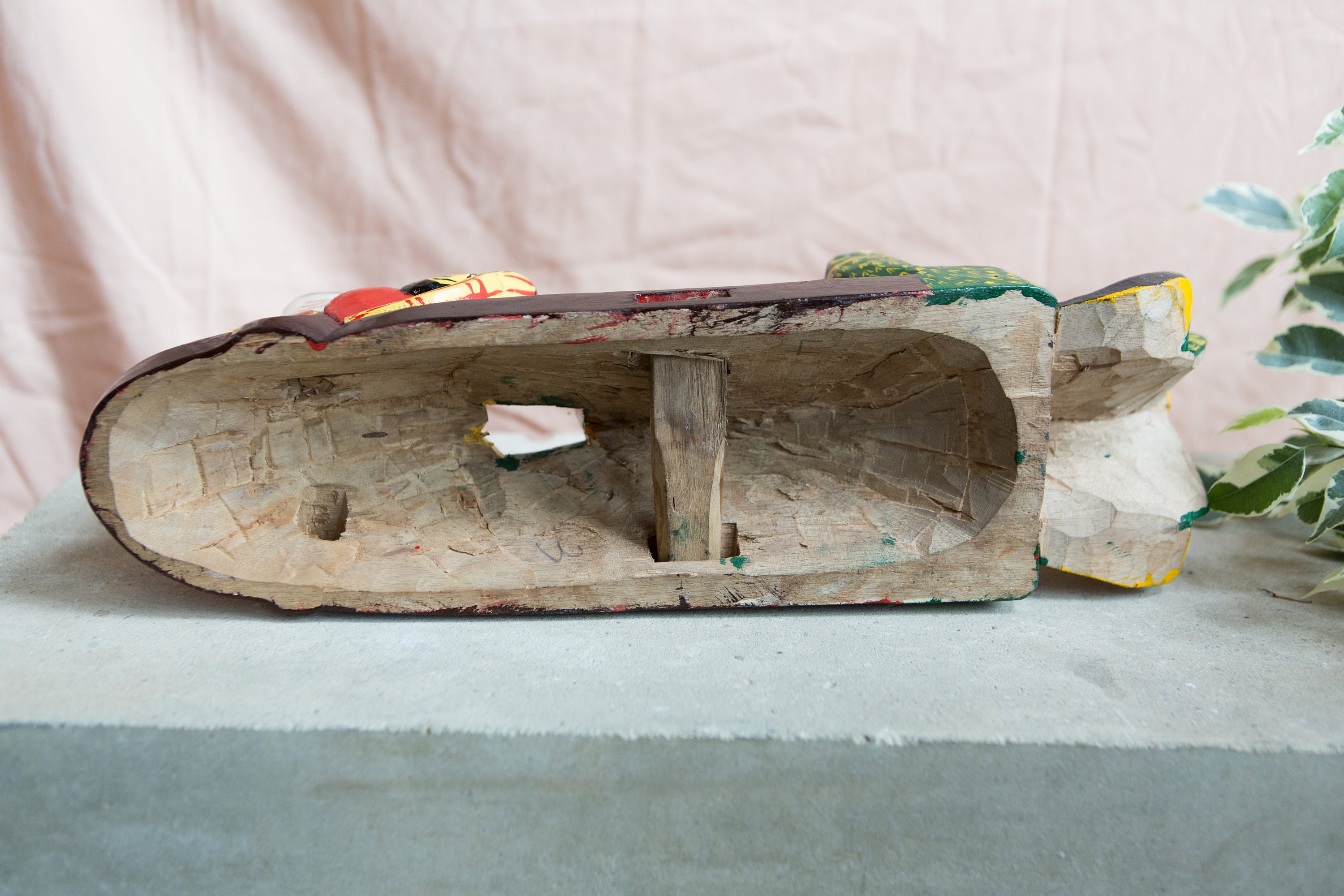 Wood Totem Wall Hanging Handcarved and Painted Sri Lankan Cobra Mask Sculpture Red and Green