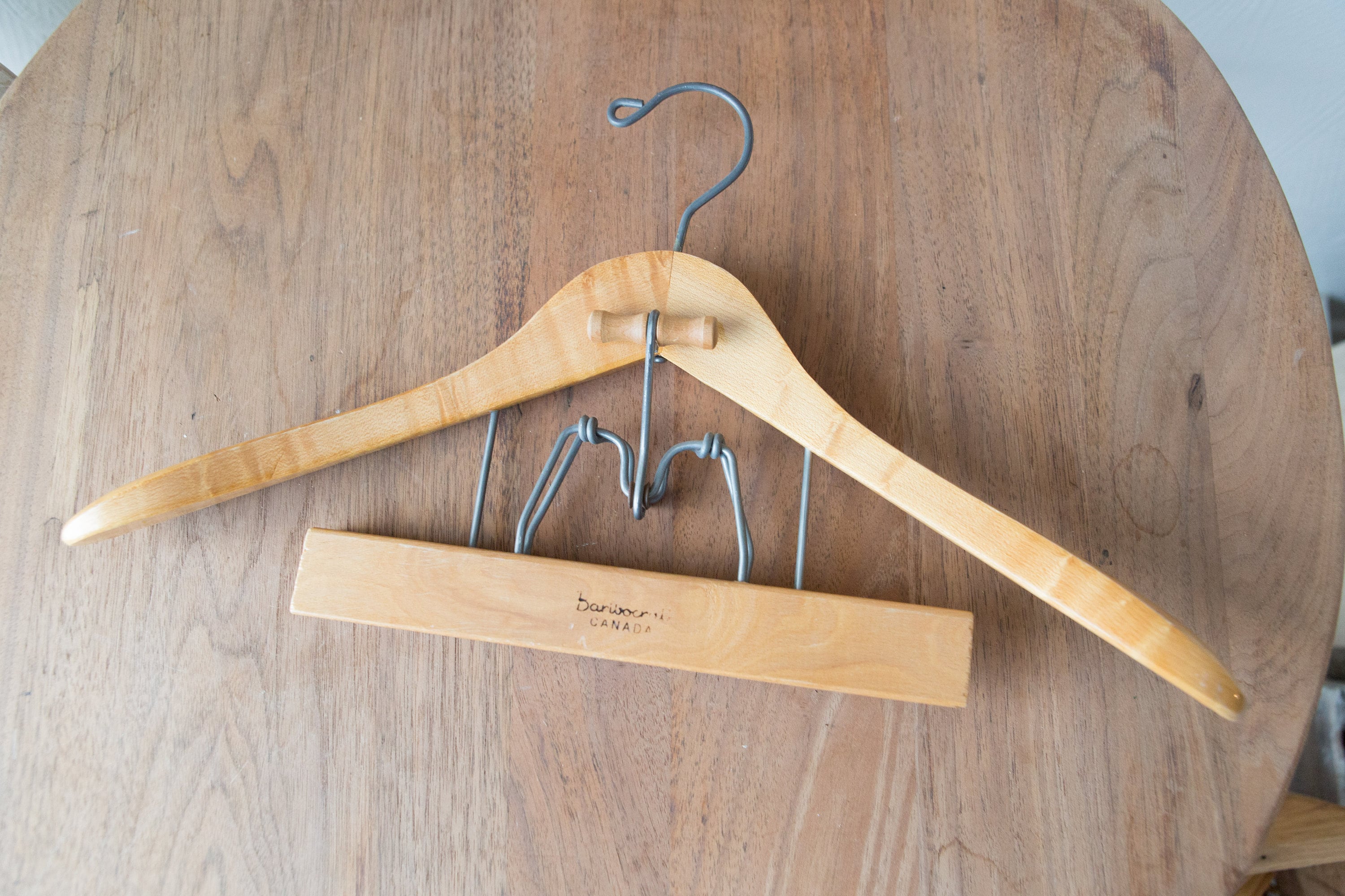 6 Wooden Fur Coat Hangers with Skirt or Pant Clip / Clamp Vintage