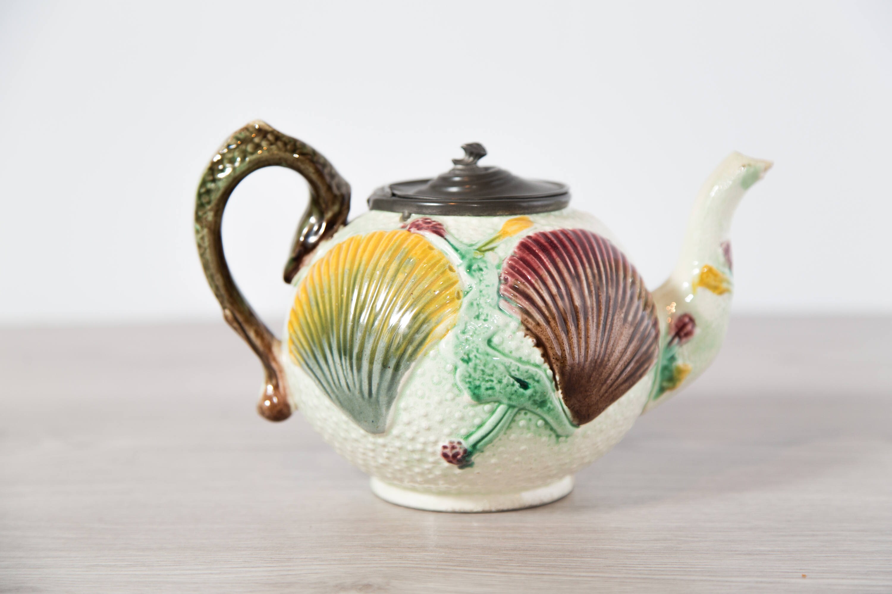 Antique 1800's Teapot / Majolica Ceramic Seashell Teapot with Pewter Hinged Lid / Vintage