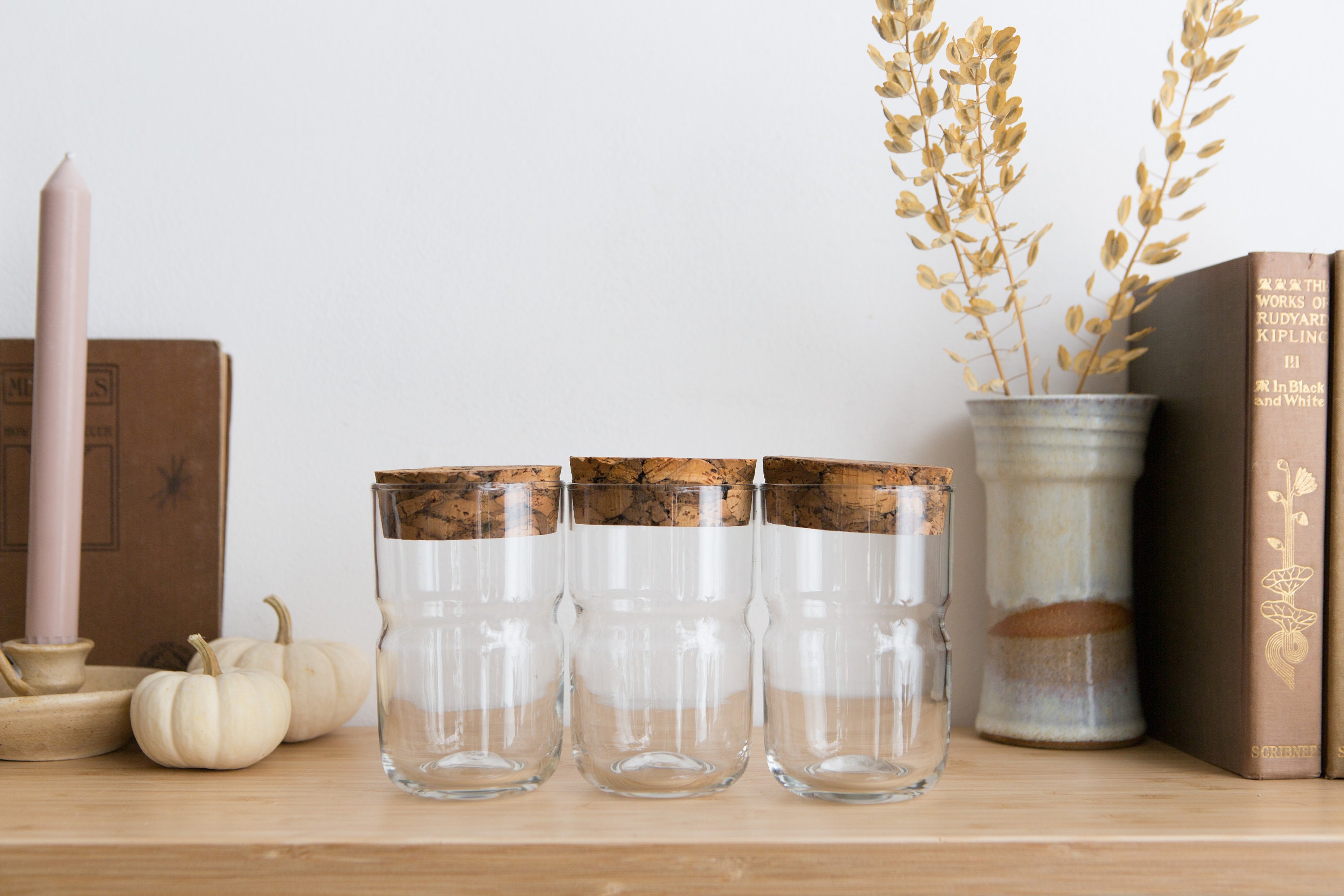 Vintage Glass Jars with Cork Lids and Aperitif Glasses French Style
