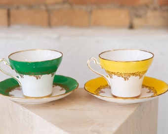 Vintage Teacups - Pair of Yellow and Green Tea Cup and Saucer - Royal Stafford Bone China - Made in England