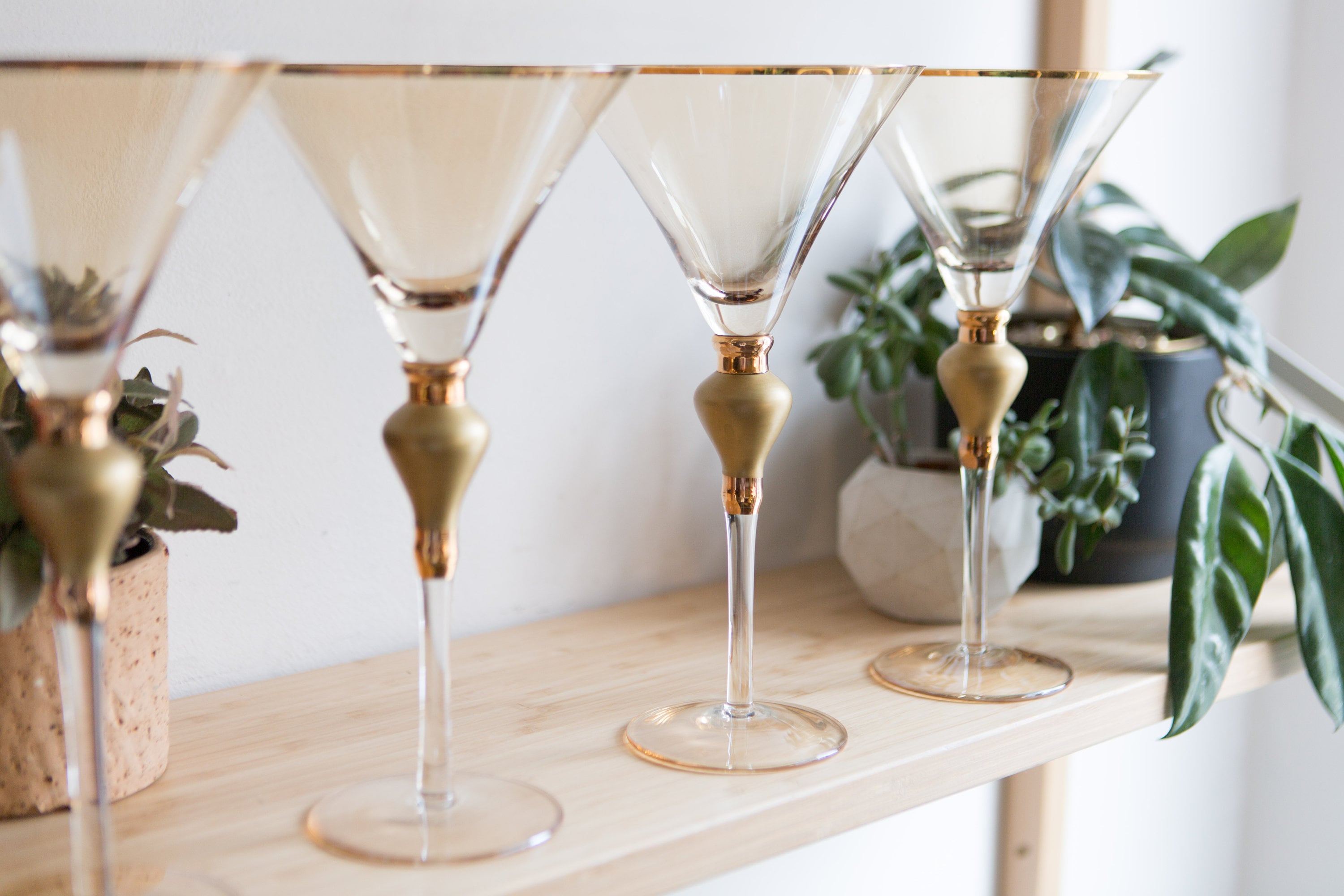4 Vintage Large Martini Glasses with solid Bubbled Stem and Gold Detail