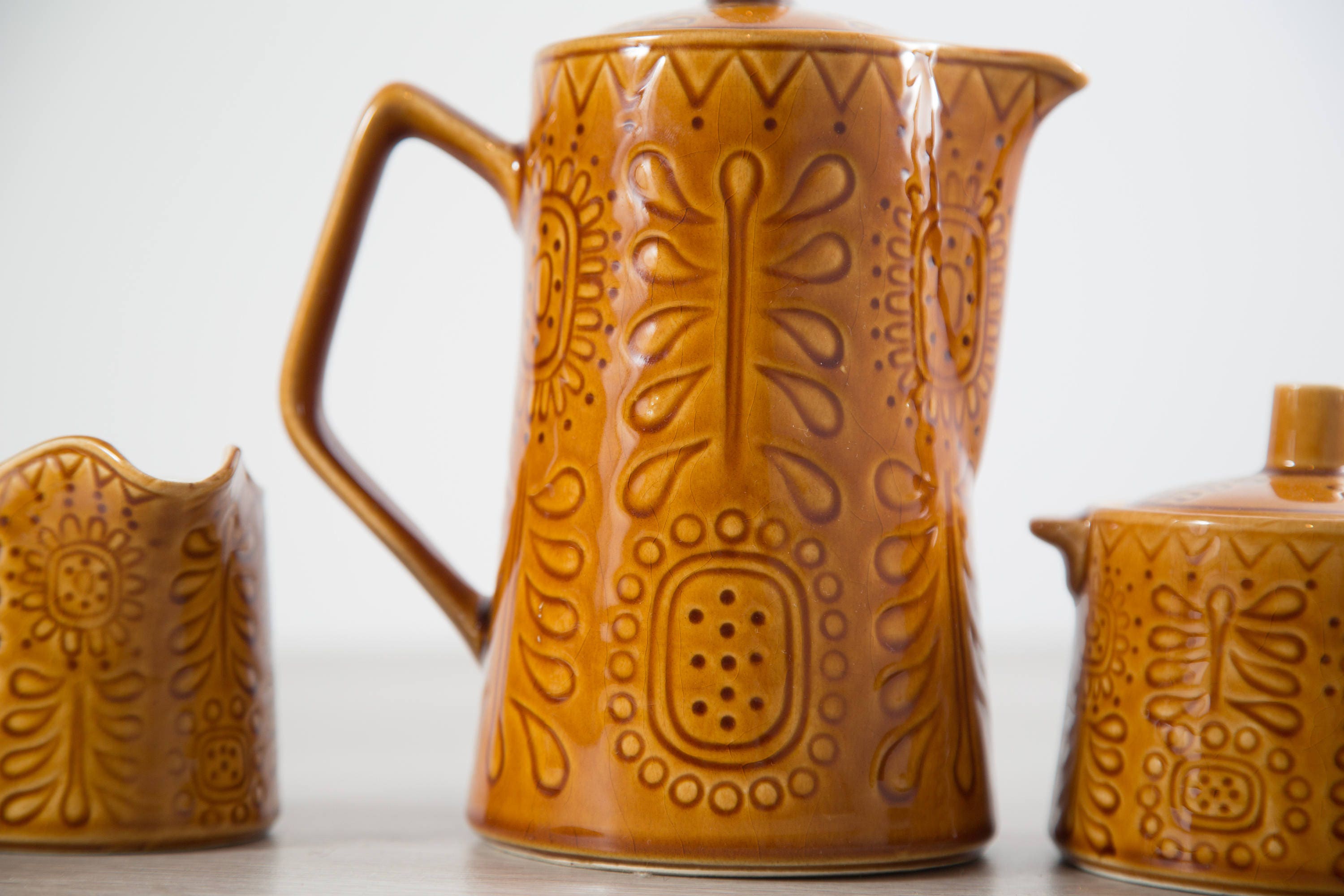 Vintage Teapot Set / Boho Earthtone Amber Colored Ceramic Tea Pot