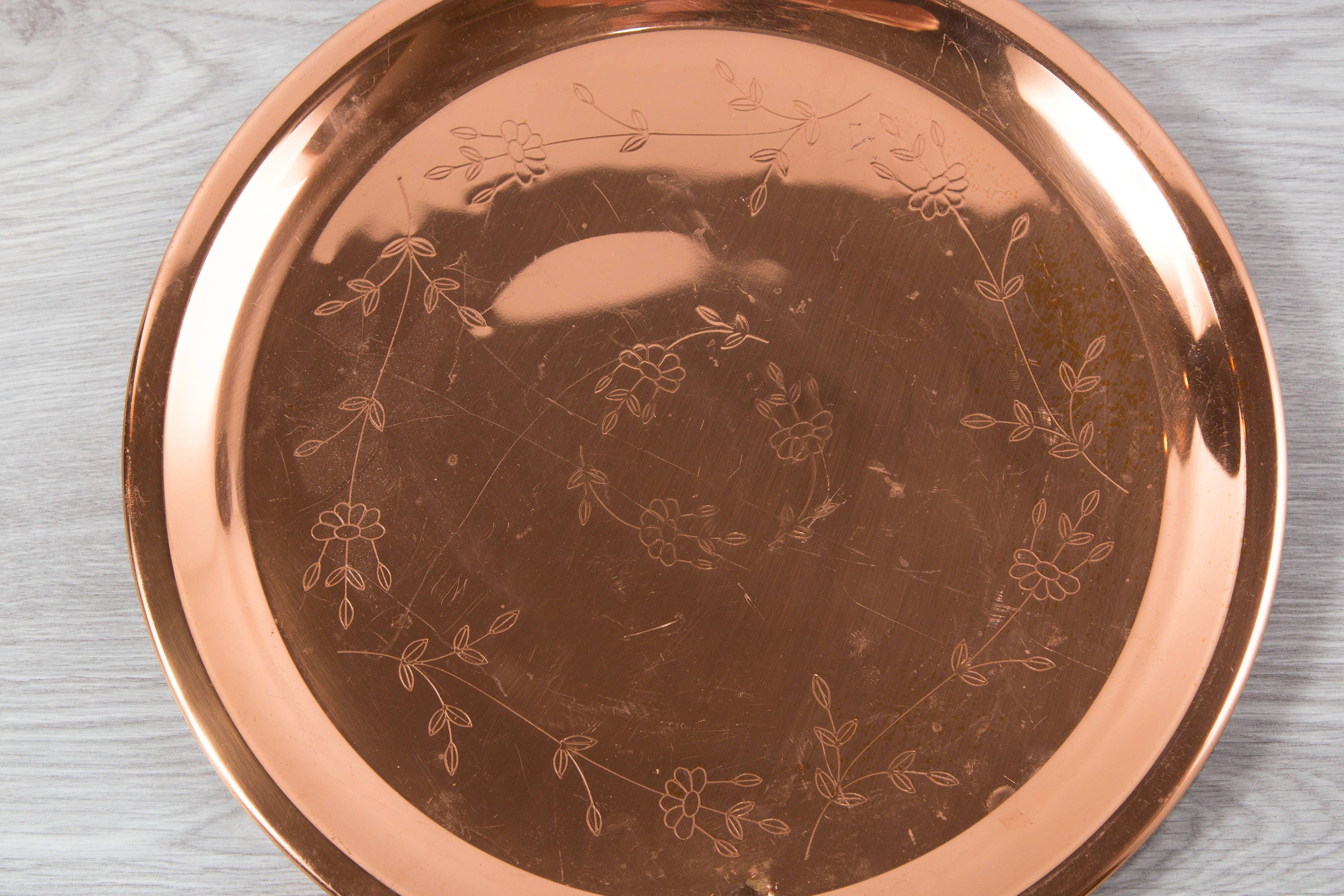 Vintage Copper Tray / Metallic Serving Bar Cocktail Tray with Etched