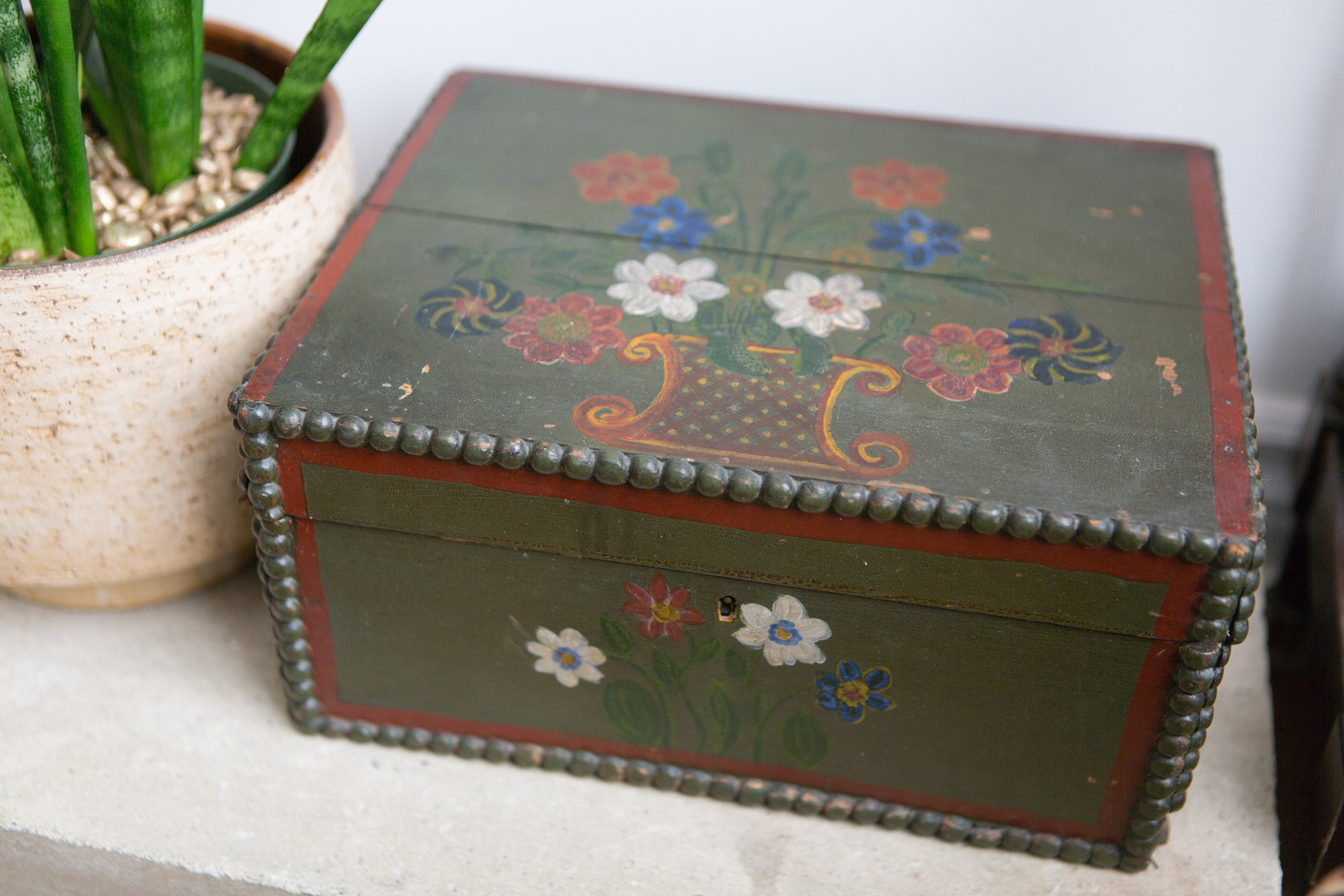 Antique Painted Box Handmade and Hand Painted Rectangular Wood Box