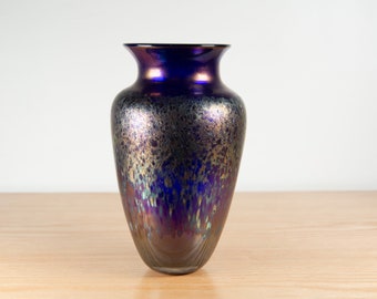 Robert Held Art Glass Vase - Vintage Signed 80's Blue Purple Iridescent Studio Vase