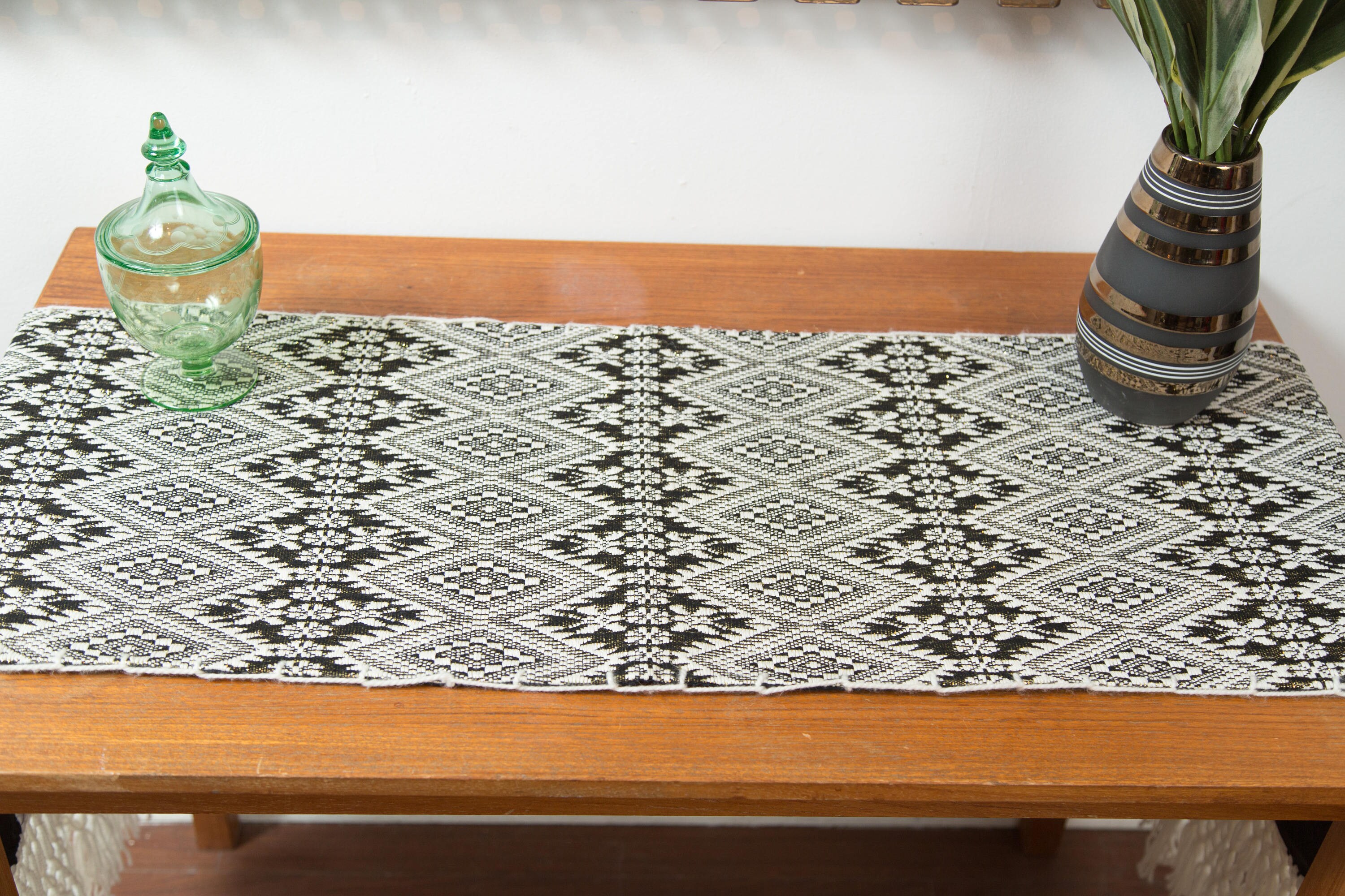 Vintage Table Runner Mid Century Modern Metallic Gold and White