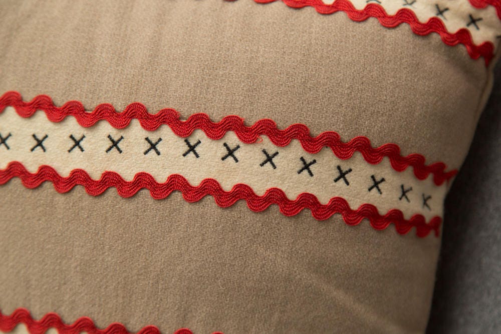 Vintage Scandinavian Pillow / 14x14 Brown Red and White Wool Decorative