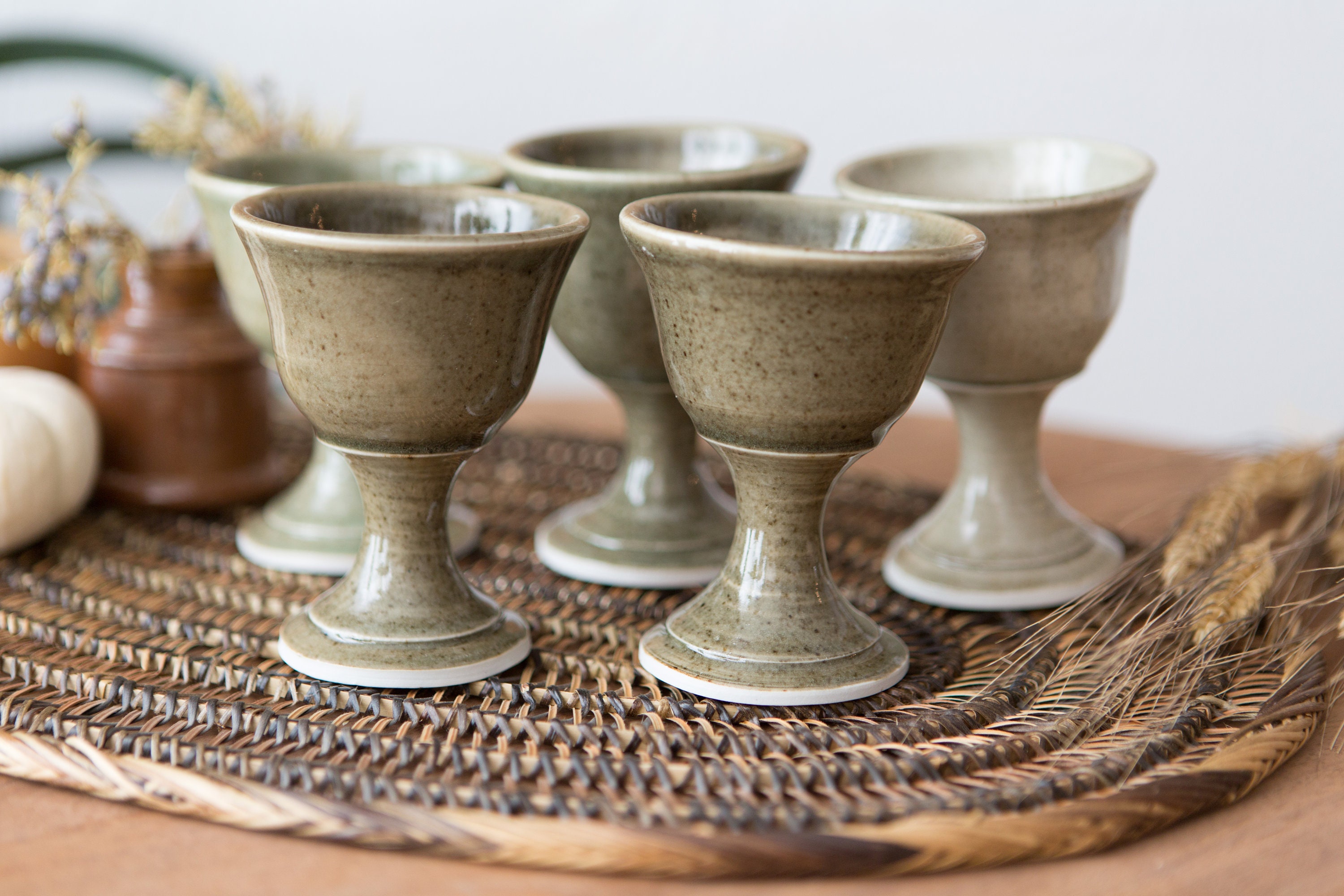 Ceramic Wine Goblets Set of 5 Handmade Speckled Robin's Egg Earthy