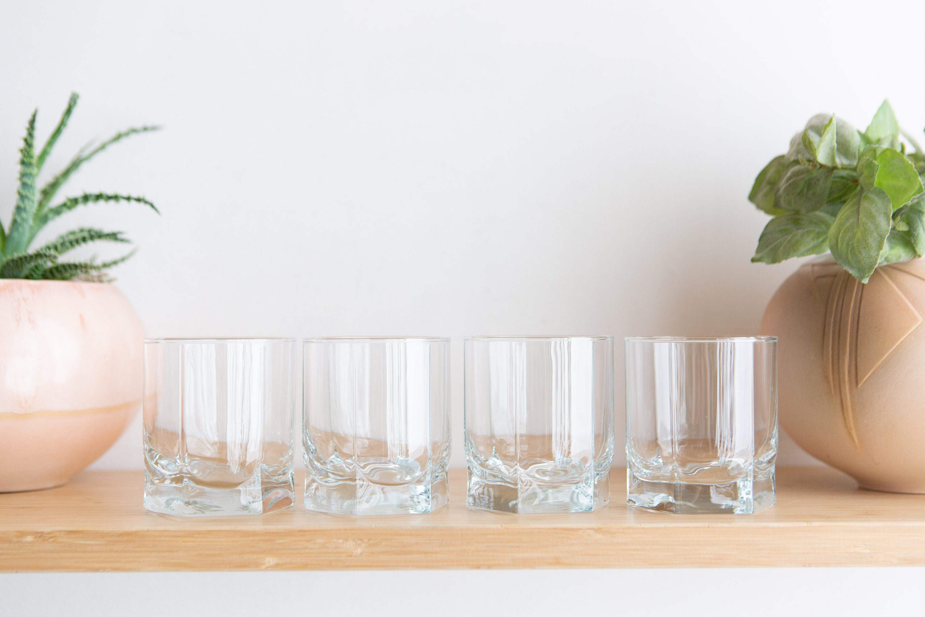 4 Whiskey Glasses Vintage Hexagon Shaped Cocktail / Lowball / Tumbler