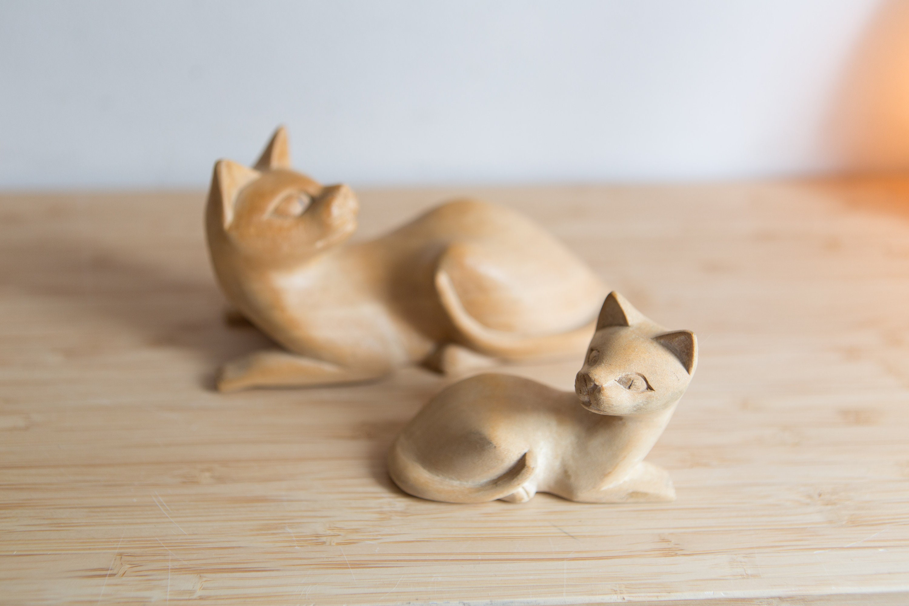 Vintage Wood Cats Handcarved Light Wood Boho Mid Century Modern