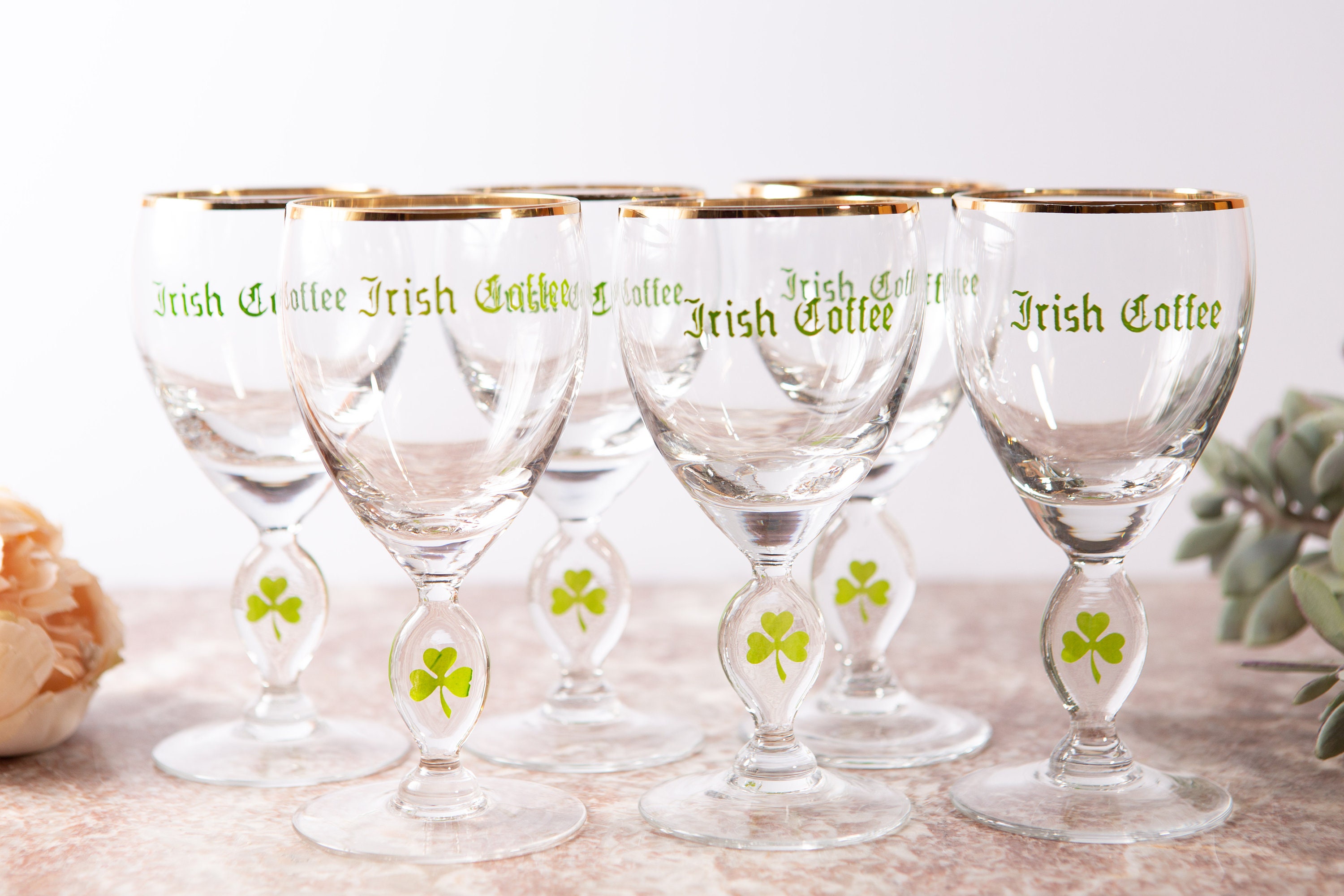 6 Irish Coffee Glasses Vintage Gold Rim Lucky Charm Specialty Coffee Stemware Father's Day