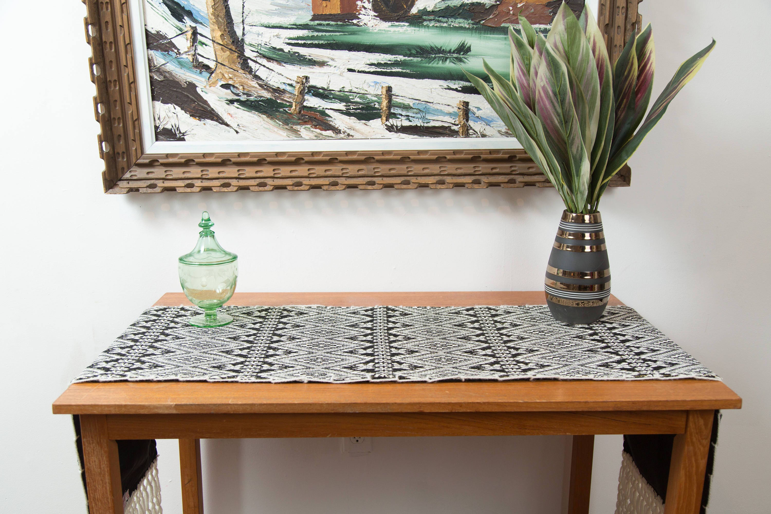 Vintage Table Runner Mid Century Modern Metallic Gold and White