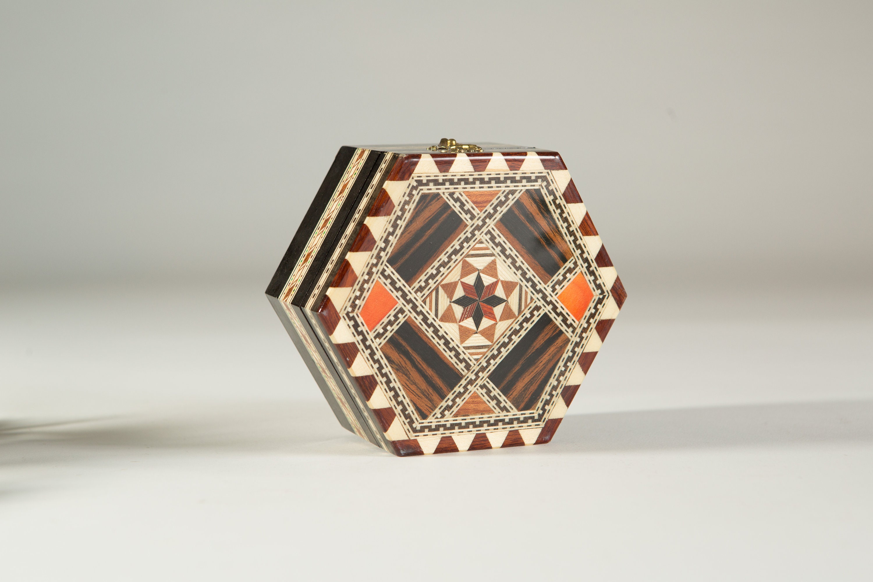Vintage Spanish Hexagon Trinket Box with Wood Inlay Handmade