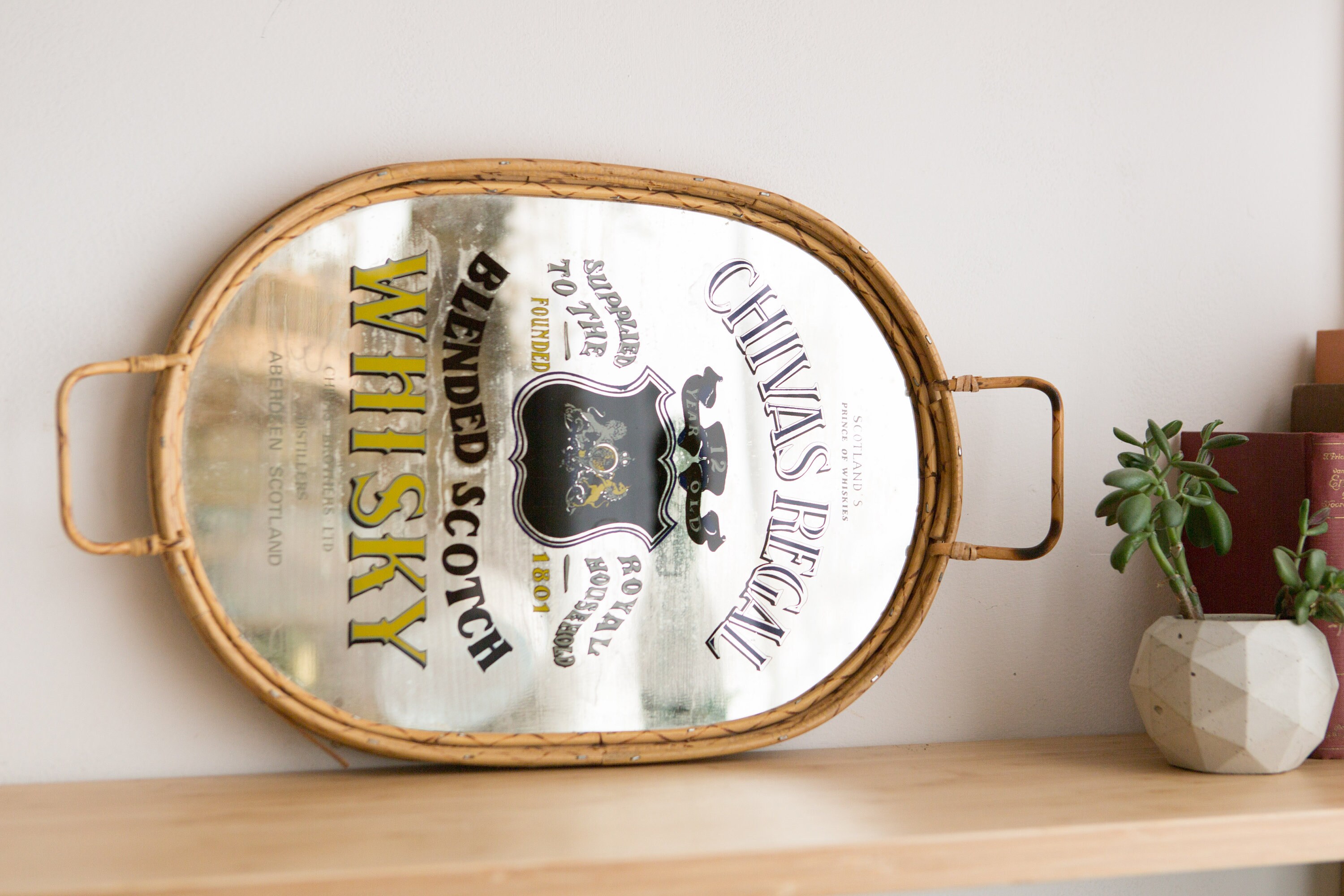 Vintage Serving Tray Rattan Edged Mirrored Cocktail Tray Gift for