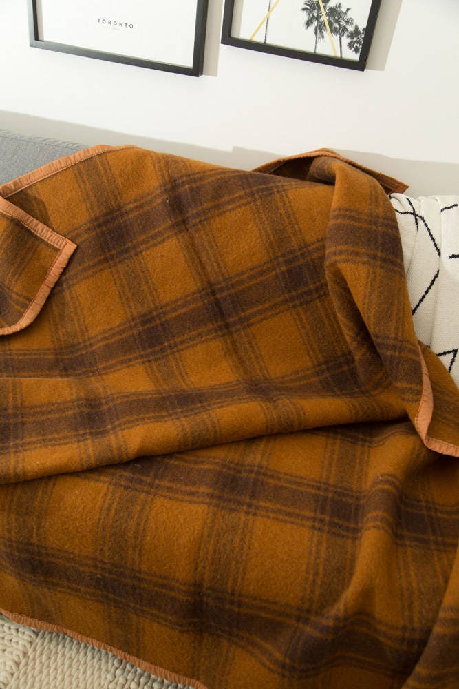 Orange Wool Blanket / Vintage Checkered Plaid Throw / Cottage Couch or