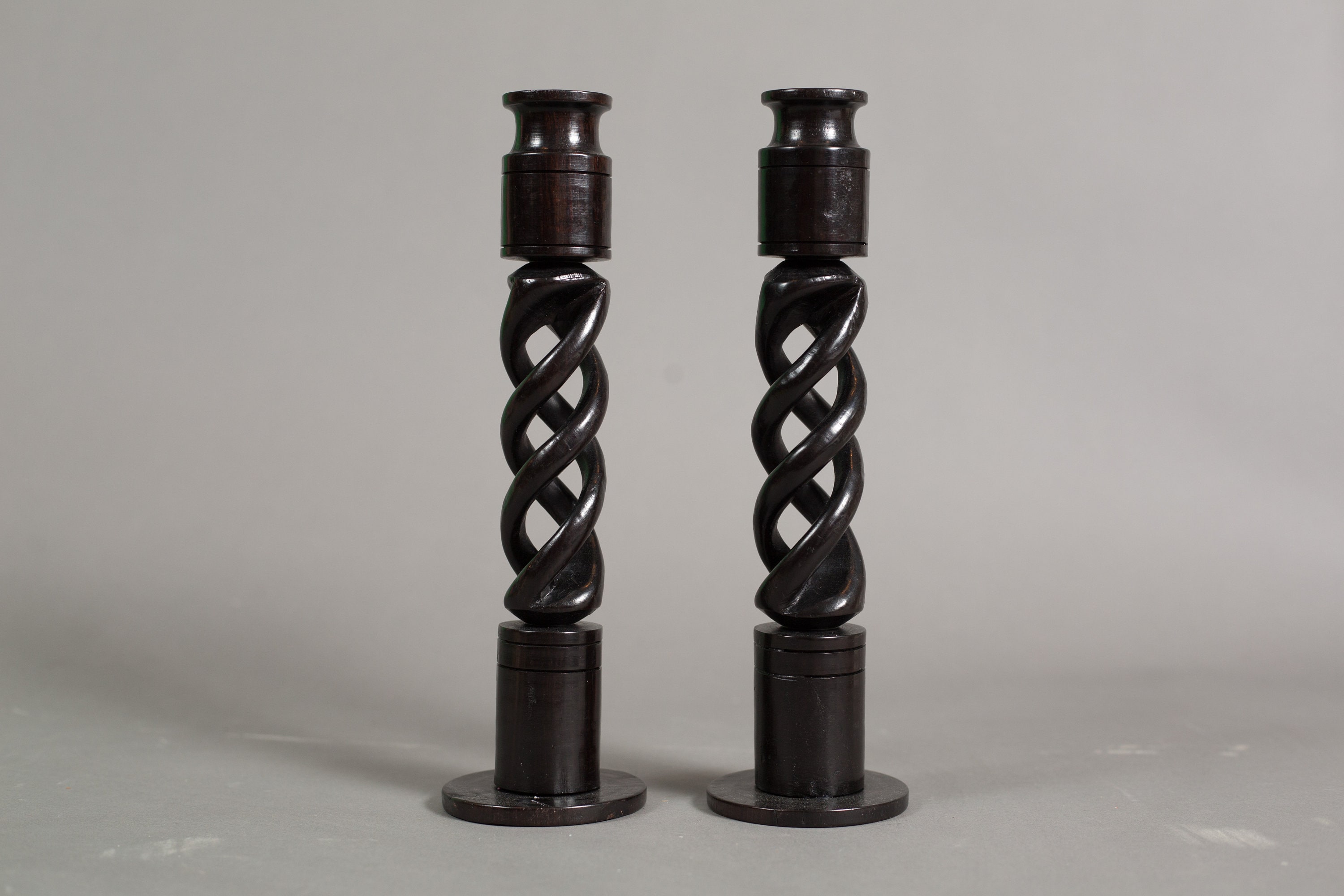 Ebony Candlestick Holders Vintage Dark Solid Wood Mahogany Barley